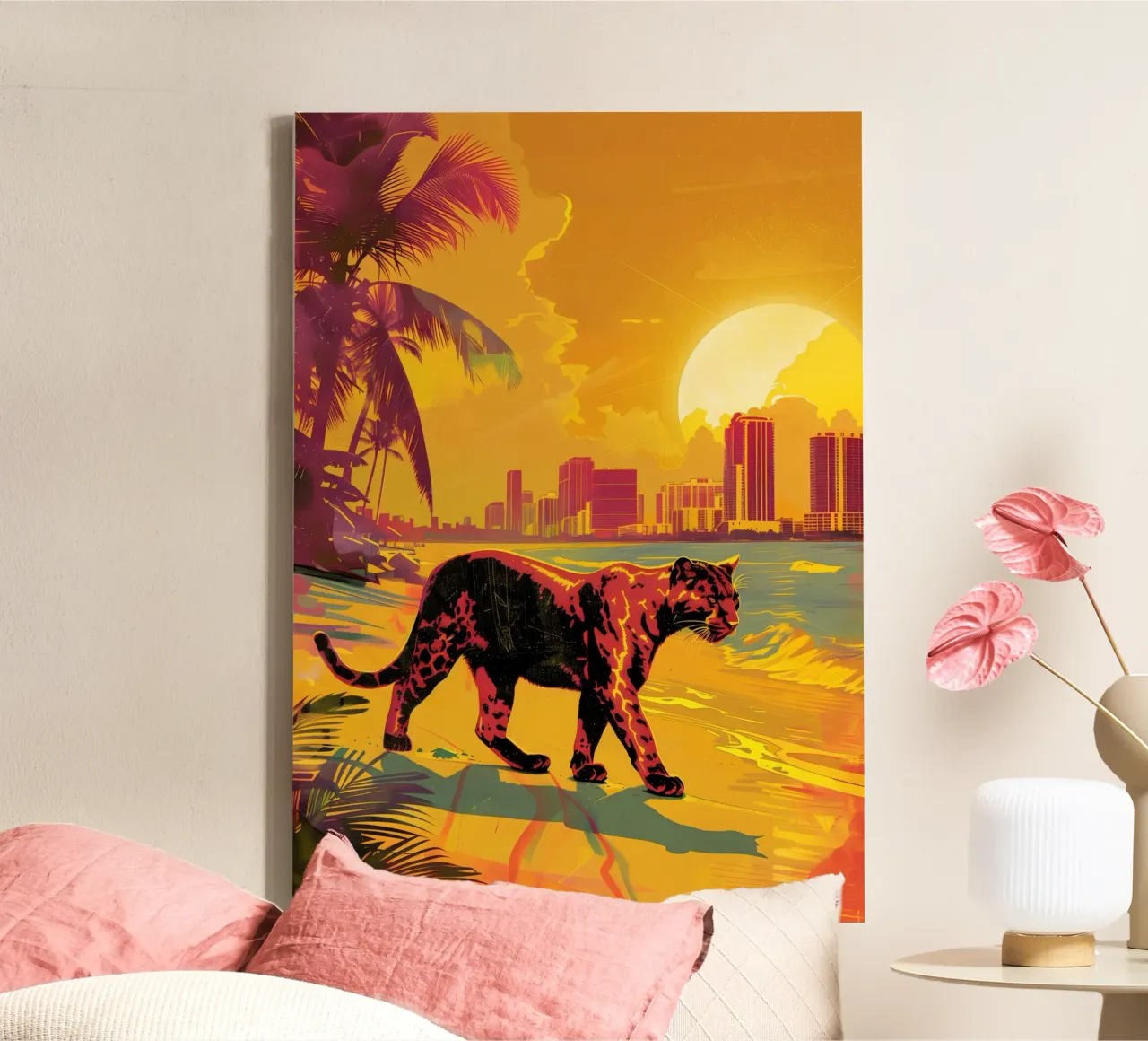 Puma on the beach in Miami canvas with Floater frame by WILD ART