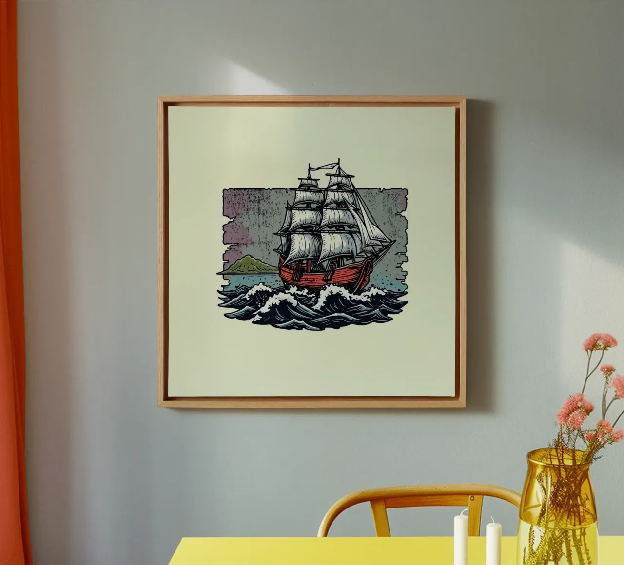 Horizonte carmesí" Una aventura náutica de época en un gran barco lienzo con Marco flotante de Artistic-shop