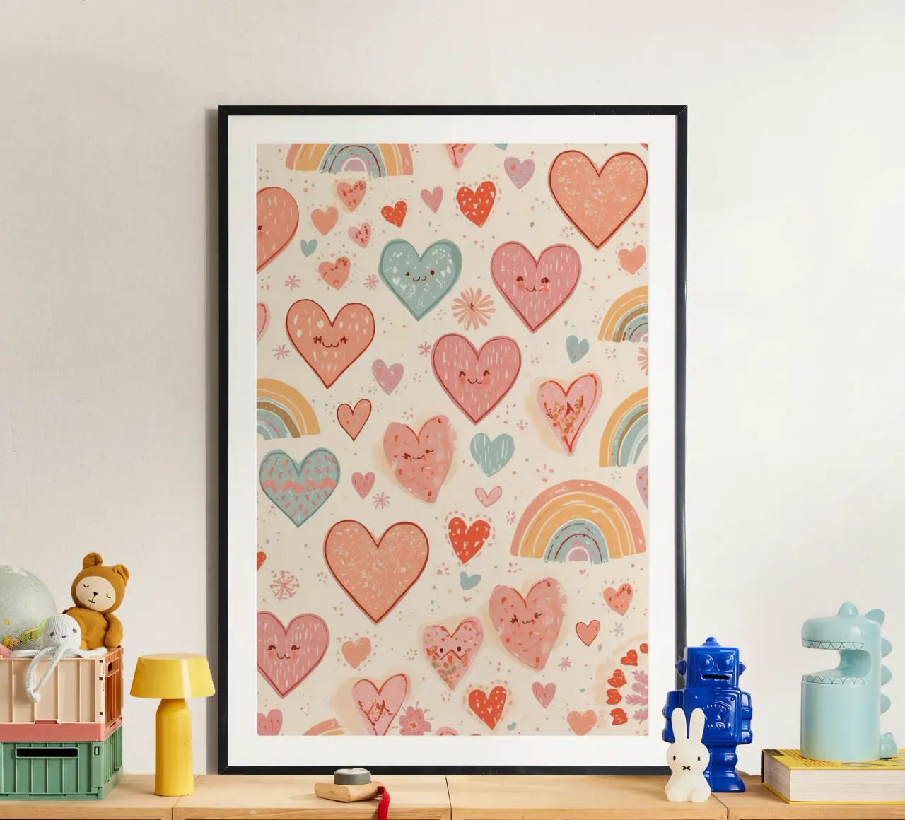 Simpatico modello di cuori e arcobaleni per la scuola materna poster con telaio in alluminio da DesignDoodle