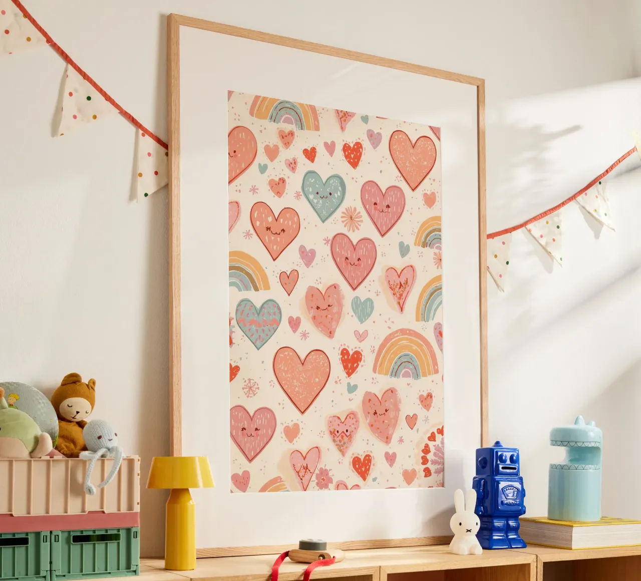 Simpatico modello di cuori e arcobaleni per la scuola materna poster con telaio in alluminio da DesignDoodle