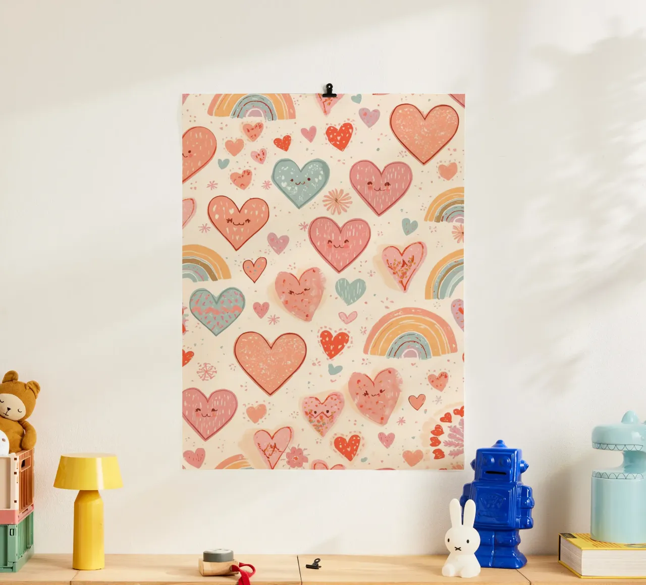 Simpatico modello di cuori e arcobaleni per la scuola materna poster con telaio in alluminio da DesignDoodle