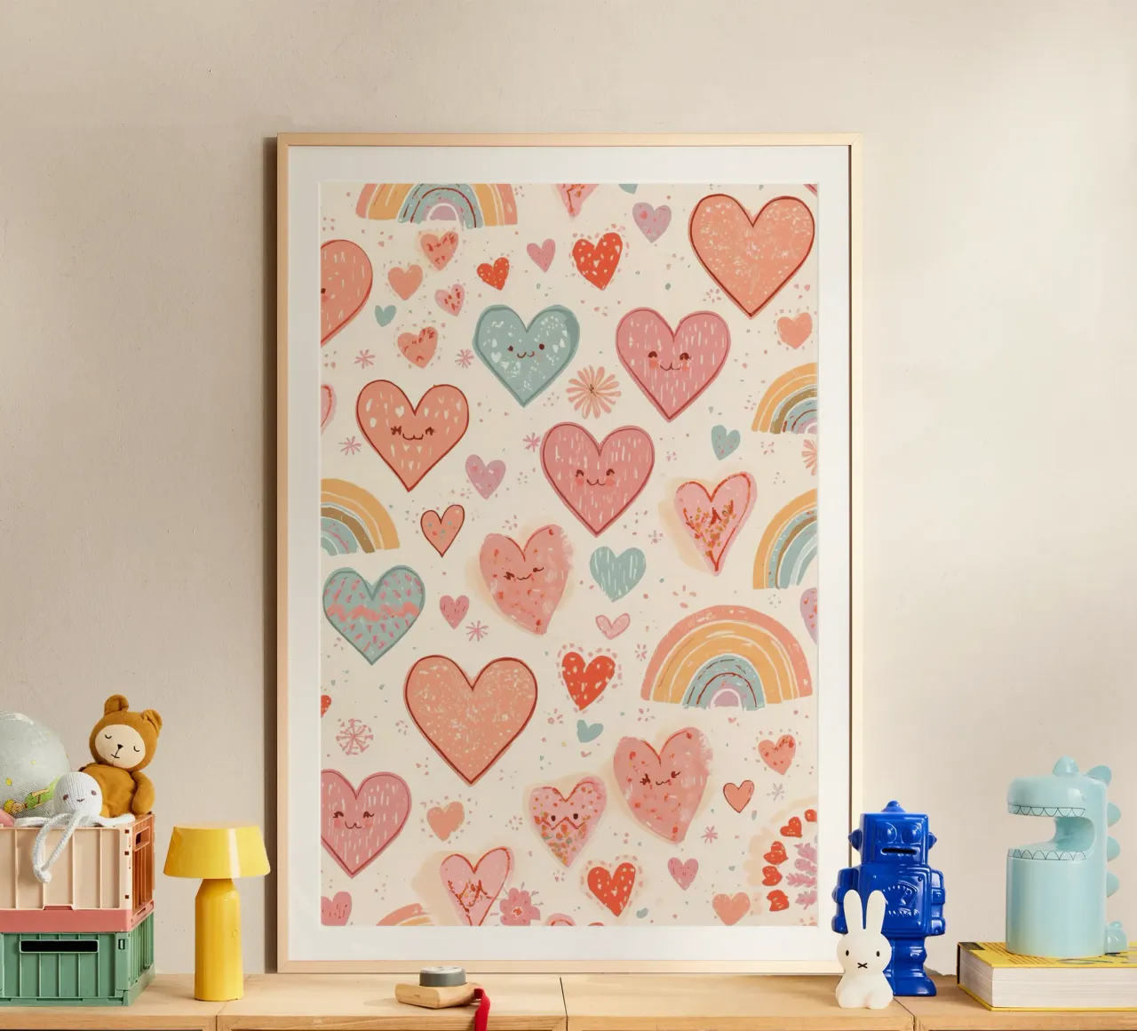Simpatico modello di cuori e arcobaleni per la scuola materna poster con telaio in alluminio da DesignDoodle