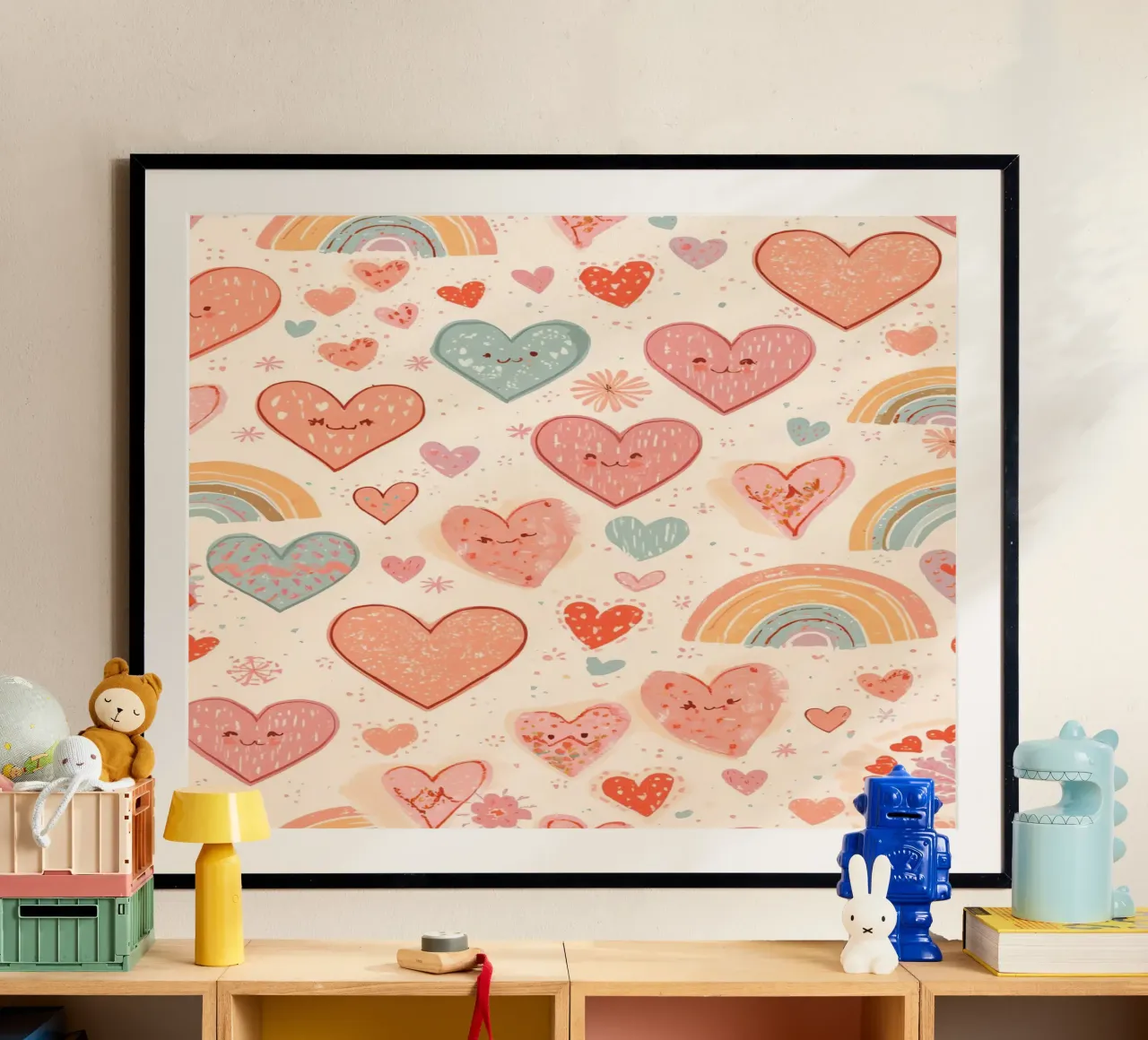 Simpatico modello di cuori e arcobaleni per la scuola materna poster con telaio in alluminio da DesignDoodle