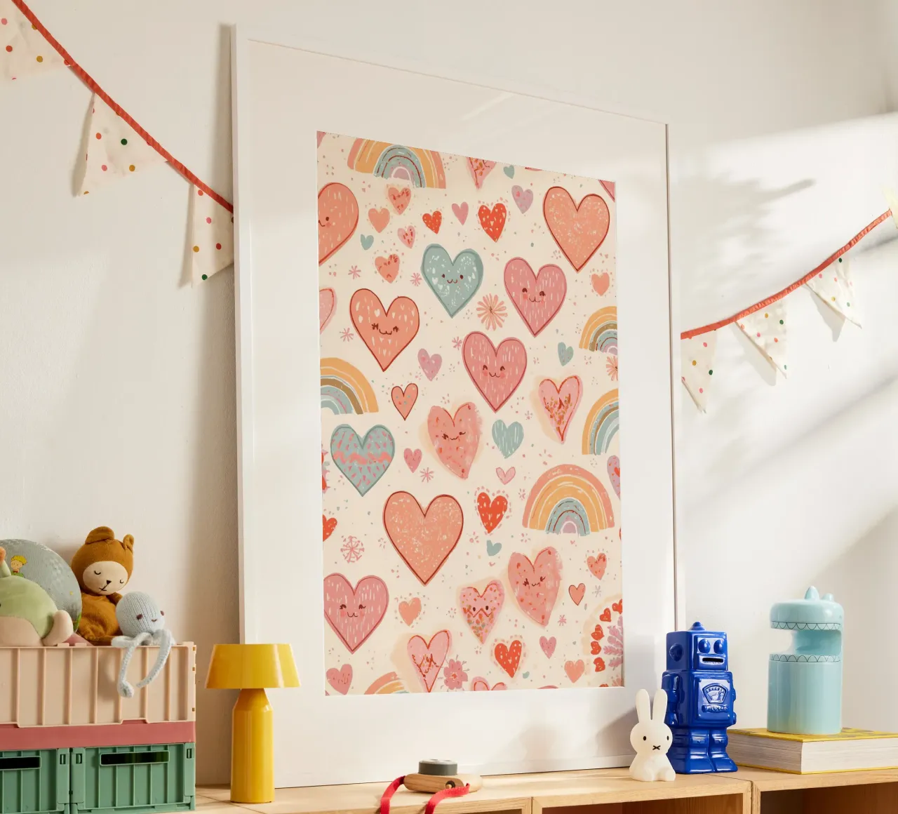 Simpatico modello di cuori e arcobaleni per la scuola materna poster con telaio in alluminio da DesignDoodle