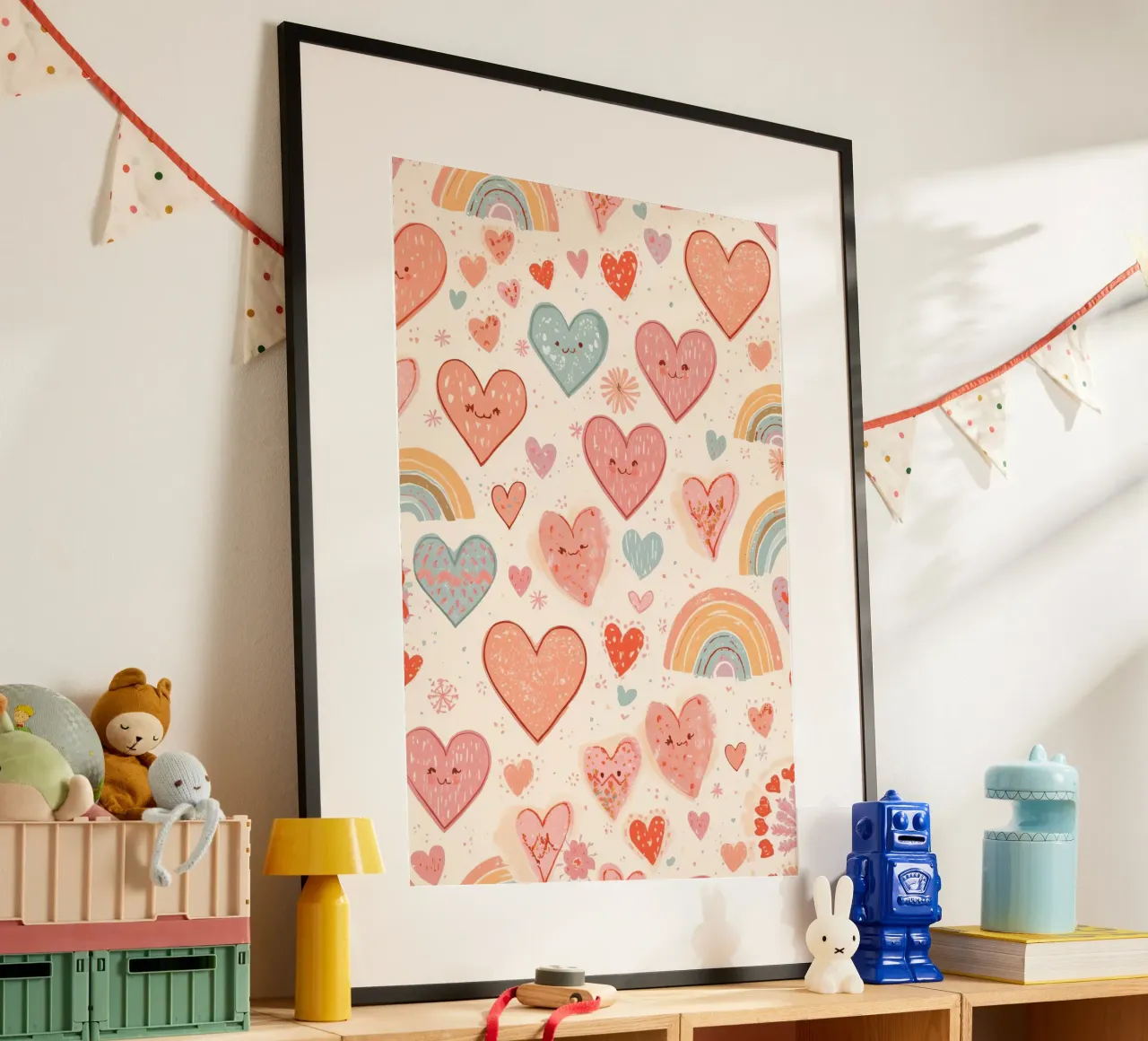 Simpatico modello di cuori e arcobaleni per la scuola materna poster con telaio in alluminio da DesignDoodle