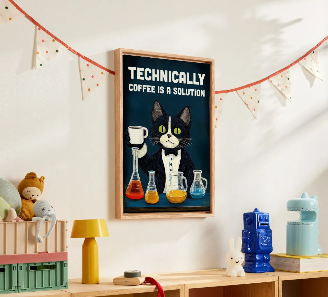 Coffee Cat Scientist canvas with Floater frame by Stellar Creative