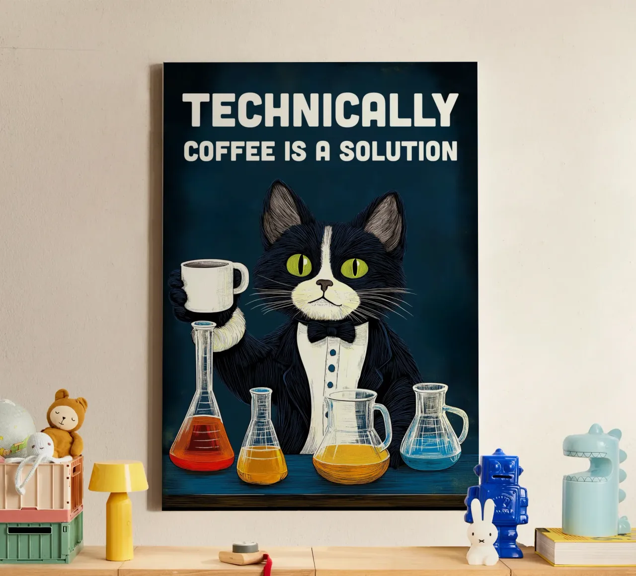 Coffee Cat Scientist canvas with Floater frame by Stellar Creative