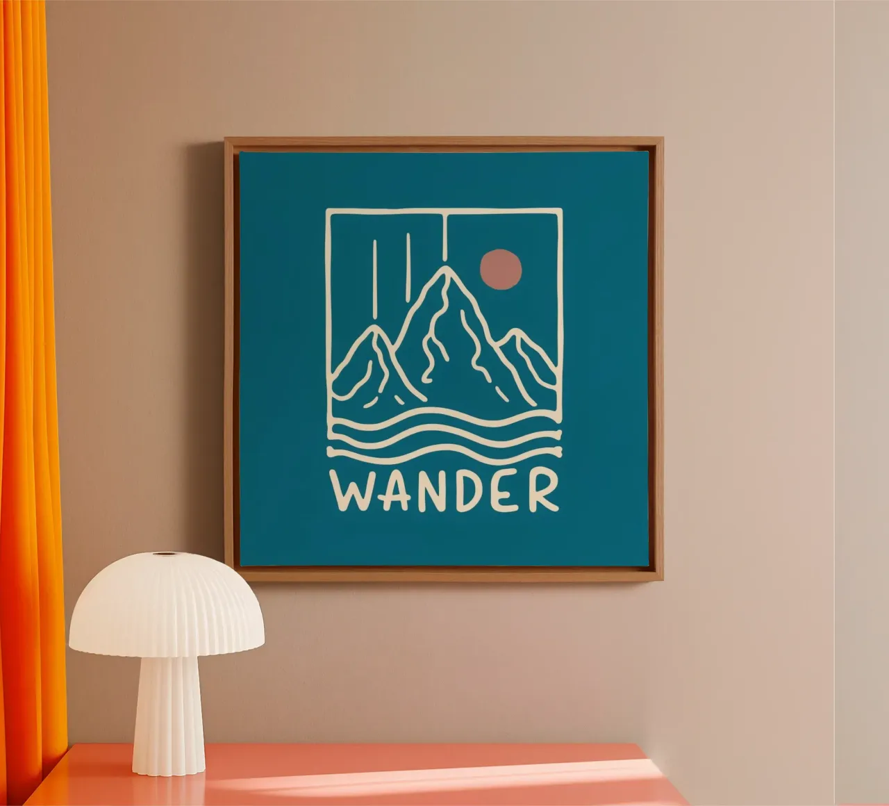 Vintage "Wander" Mountain Sunset Print - Retro Adventure Ar canvas with Floater frame by inspirational quote