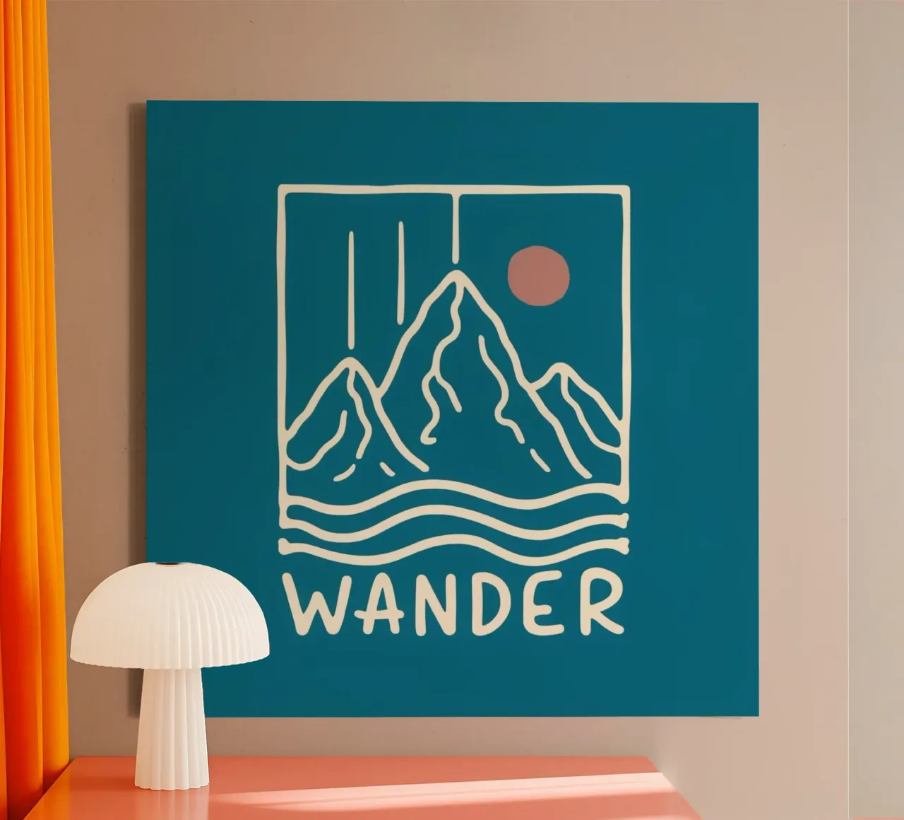 Vintage "Wander" Mountain Sunset Print - Retro Adventure Ar canvas with Floater frame by inspirational quote