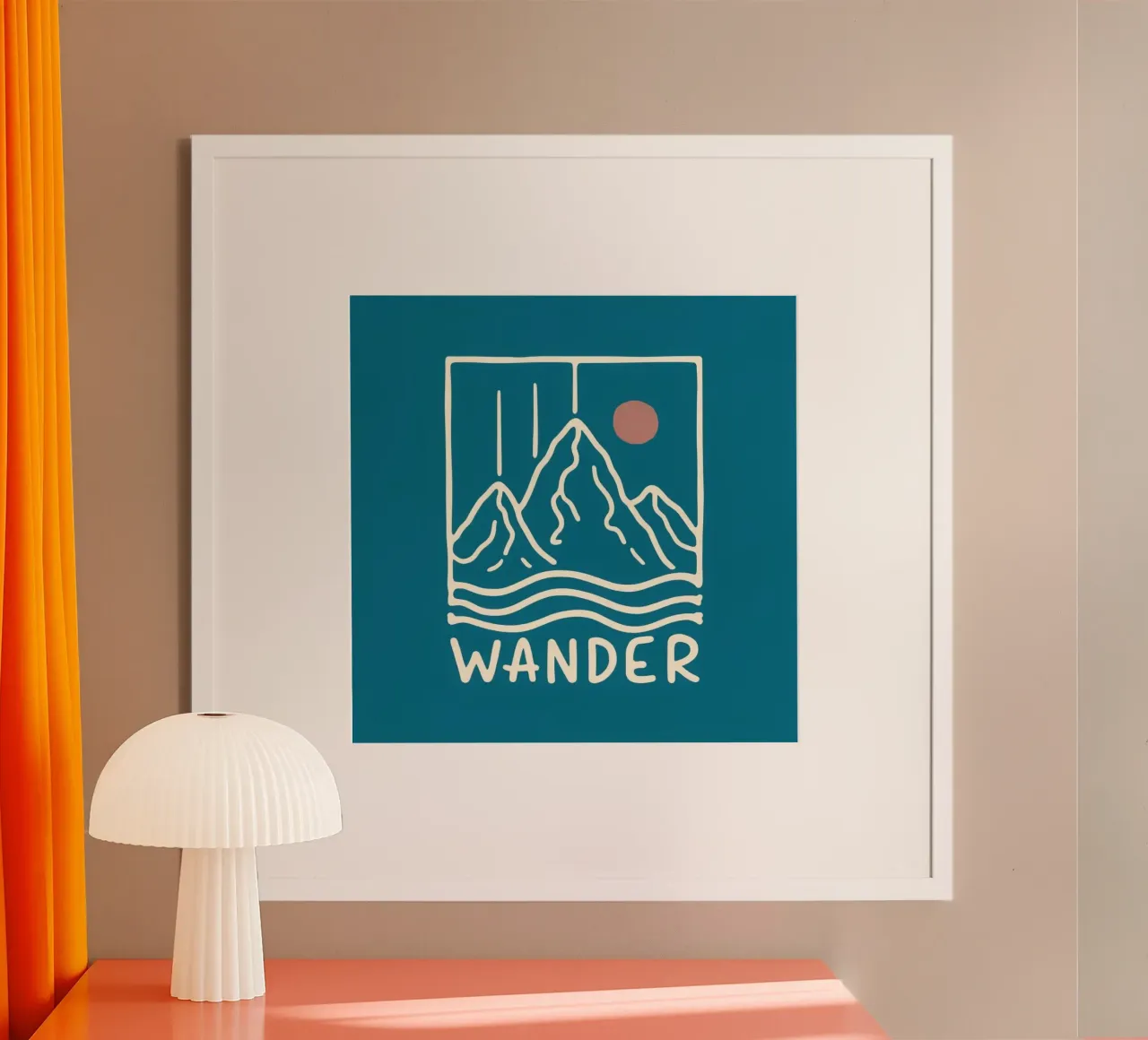 Stampa vintage "Wander" sul tramonto in montagna - Retro Adventure Ar poster con telaio in alluminio da inspirational quote