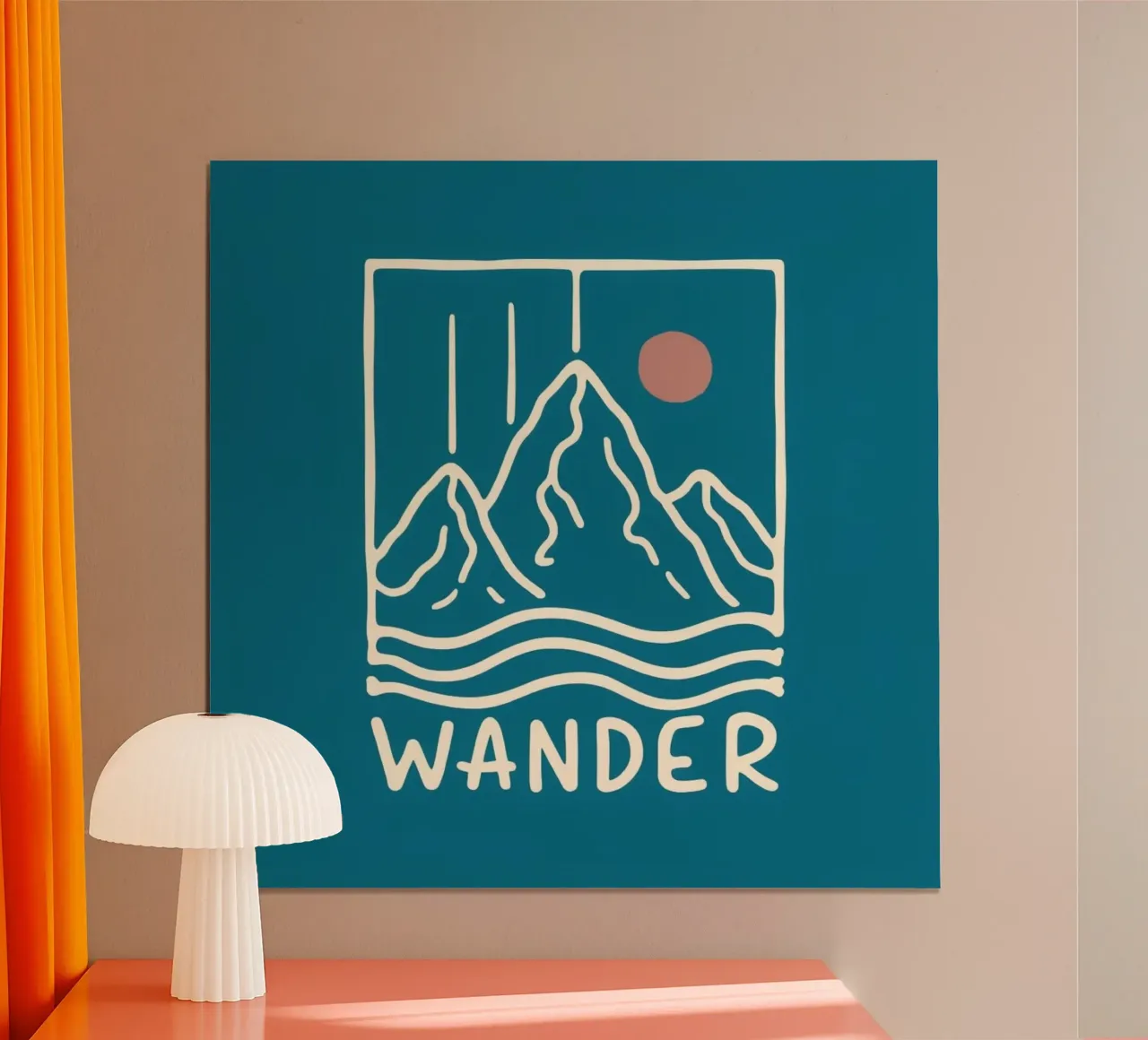 Stampa vintage "Wander" sul tramonto in montagna - Retro Adventure Ar poster con telaio in alluminio da inspirational quote