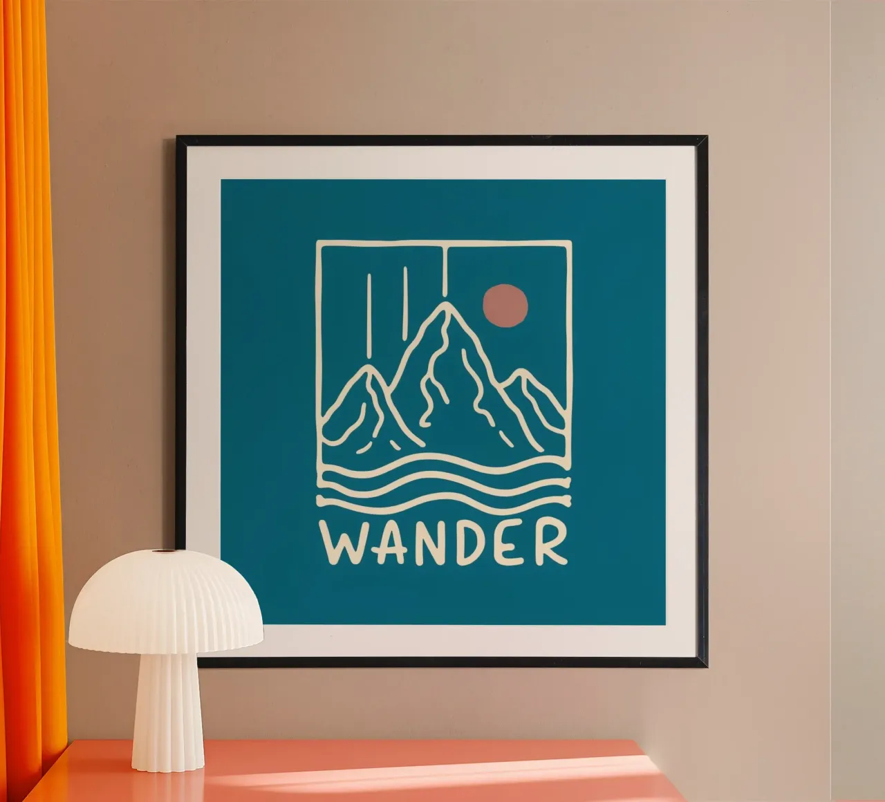 Stampa vintage "Wander" sul tramonto in montagna - Retro Adventure Ar poster con telaio in alluminio da inspirational quote