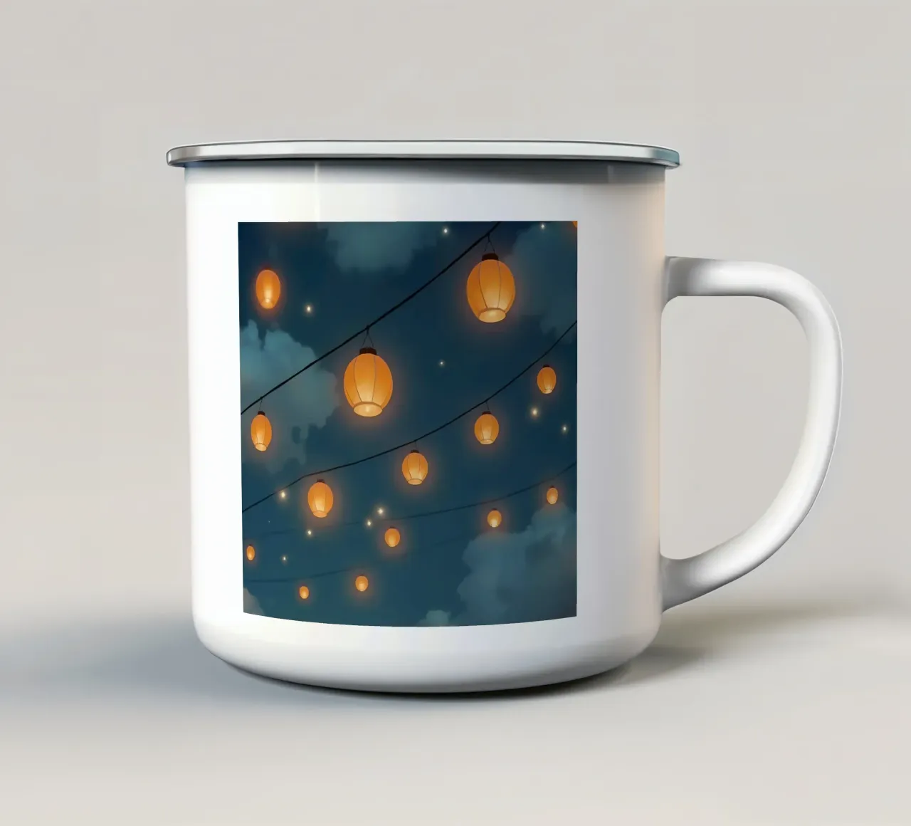 Lanterne di carta illuminate contro il cielo notturno tazza in smalto da DesignDoodle