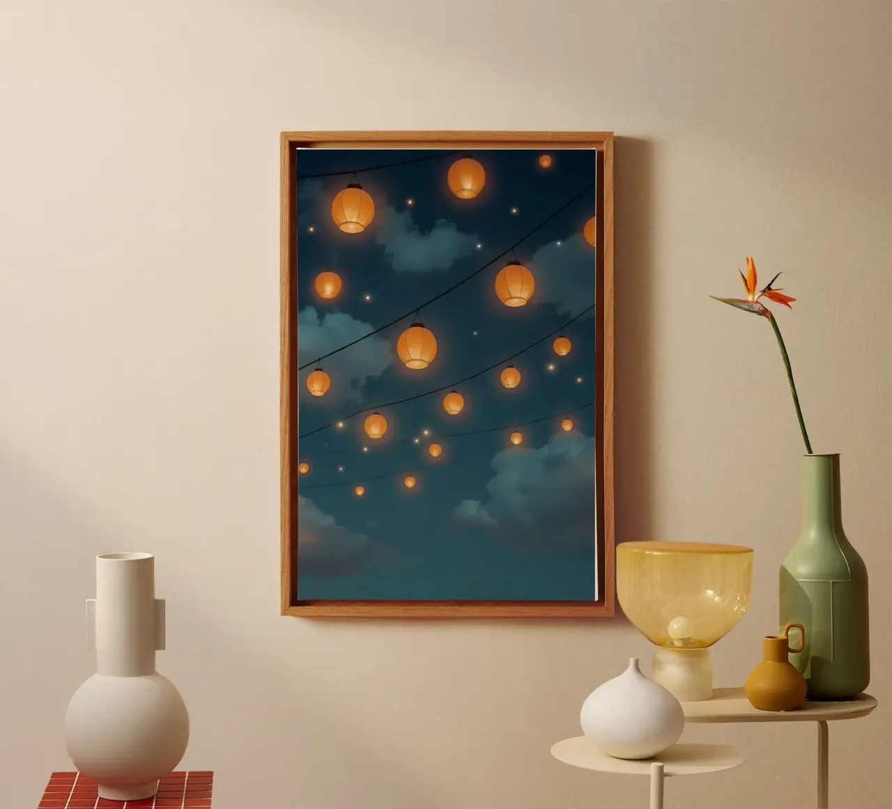 Lanterne di carta illuminate contro il cielo notturno tela con Cornice a cassetta da DesignDoodle