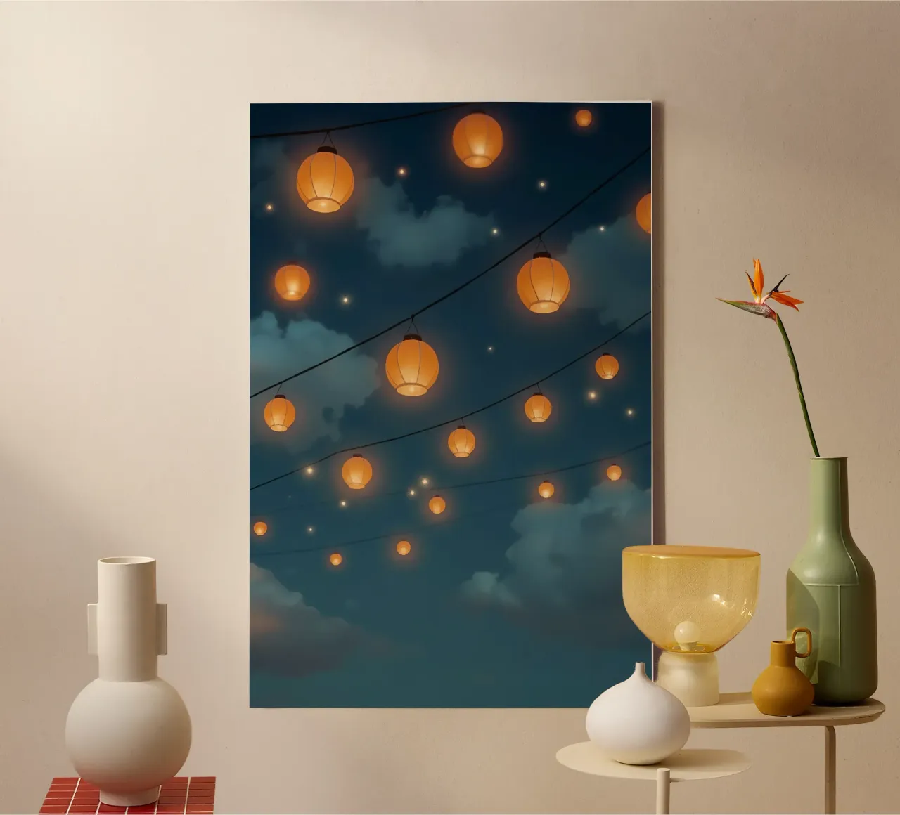 Lanterne di carta illuminate contro il cielo notturno tela con Cornice a cassetta da DesignDoodle