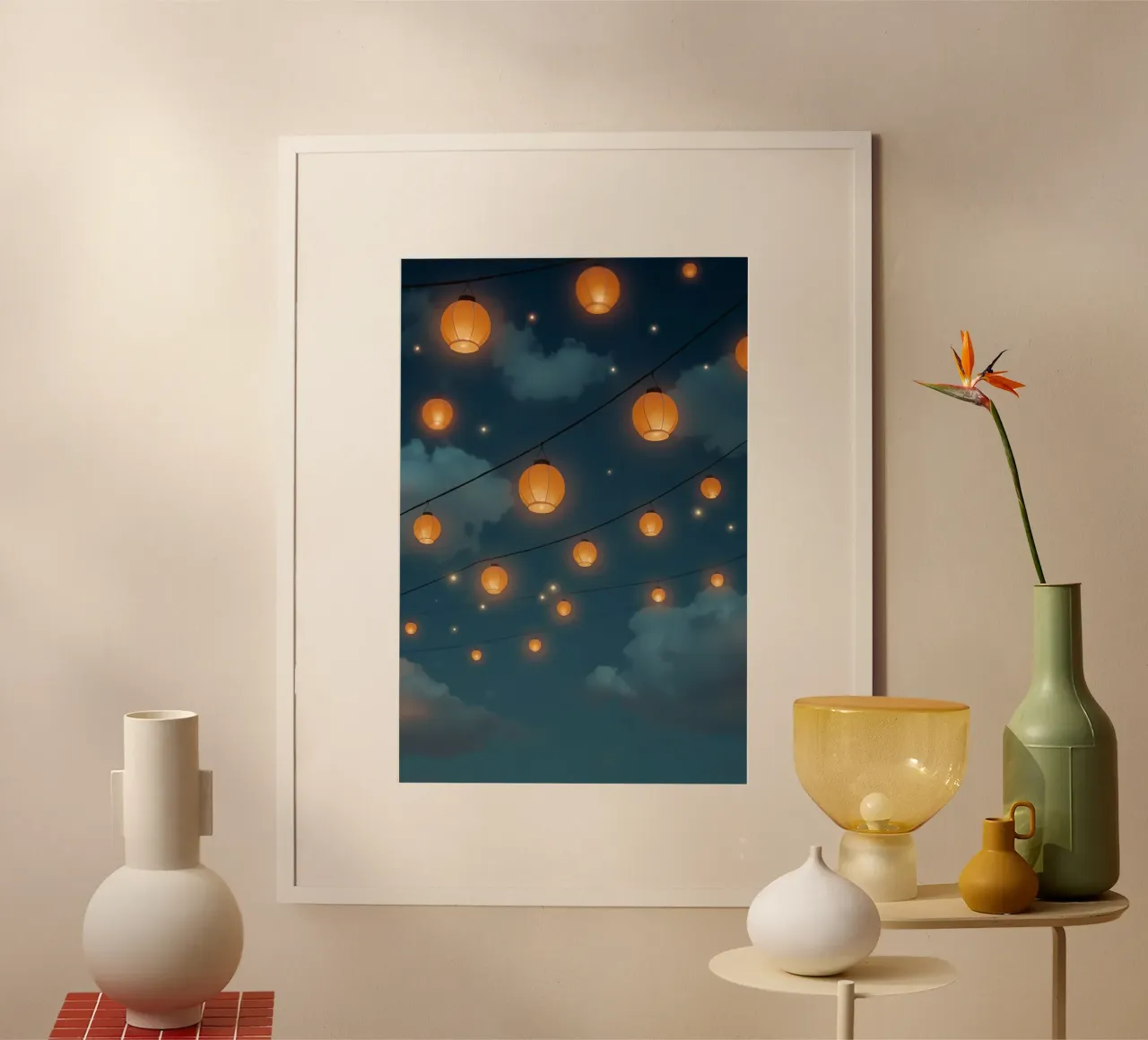Lanternes en papier illuminées dans le ciel nocturne poster de DesignDoodle