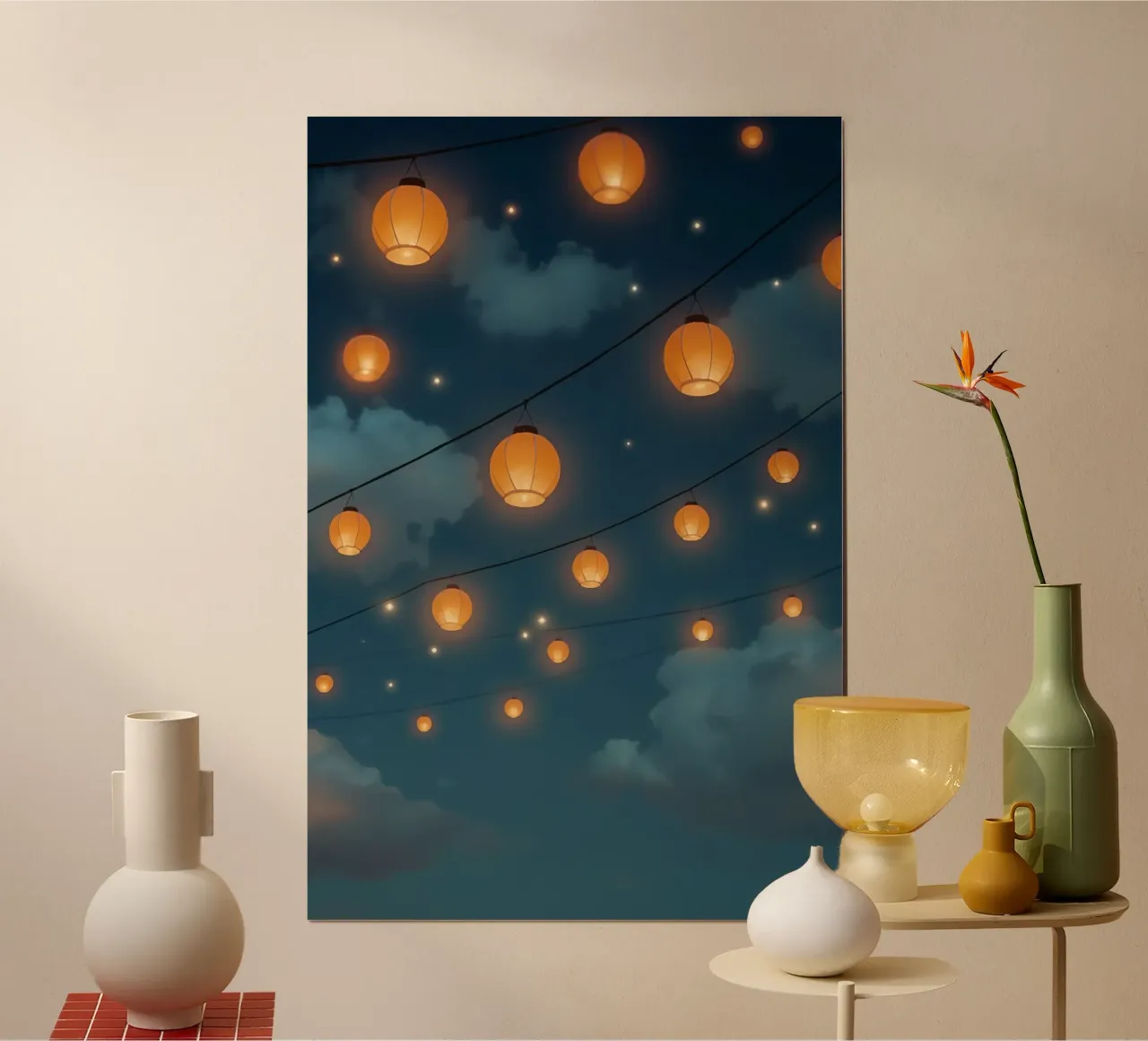 Lanternes en papier illuminées dans le ciel nocturne poster de DesignDoodle