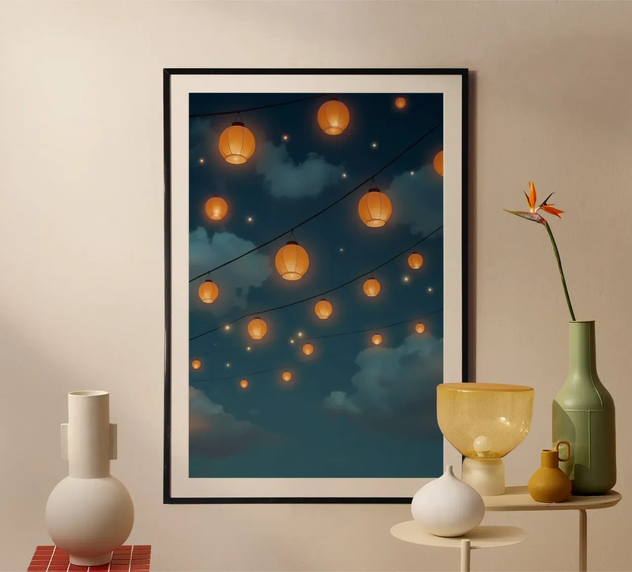 Lanternes en papier illuminées dans le ciel nocturne poster de DesignDoodle