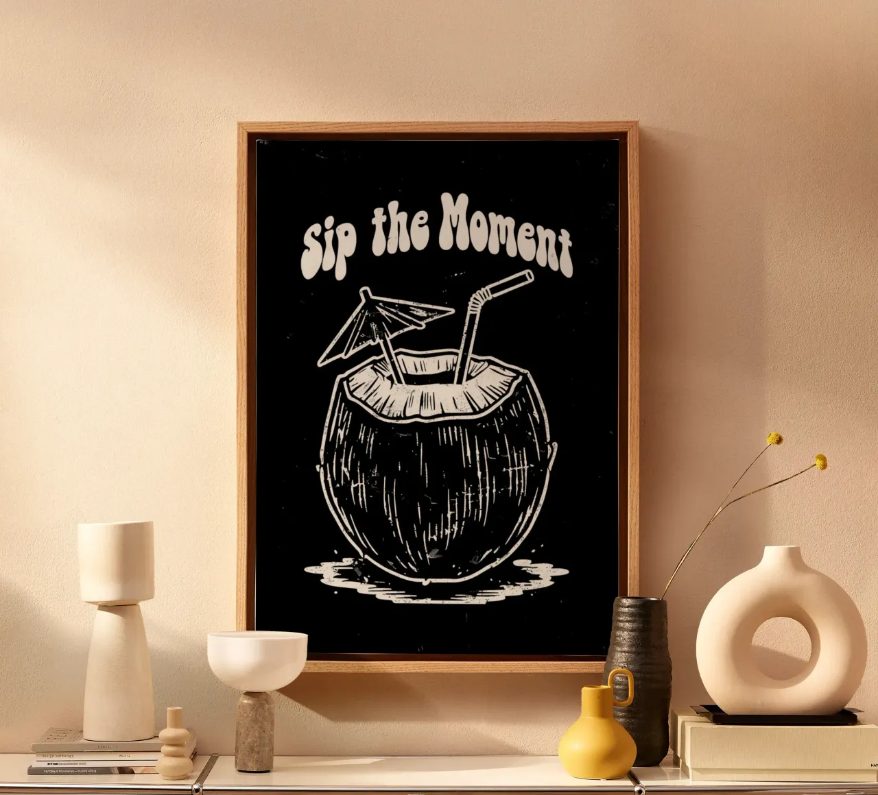 Kokosnoot Drink Art Print, tropische zomer sfeer, vakantie muur canvas met Baklijst van inspirational quote