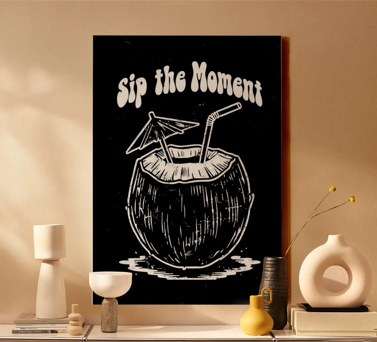 Kokosnoot Drink Art Print, tropische zomer sfeer, vakantie muur canvas met Baklijst van inspirational quote