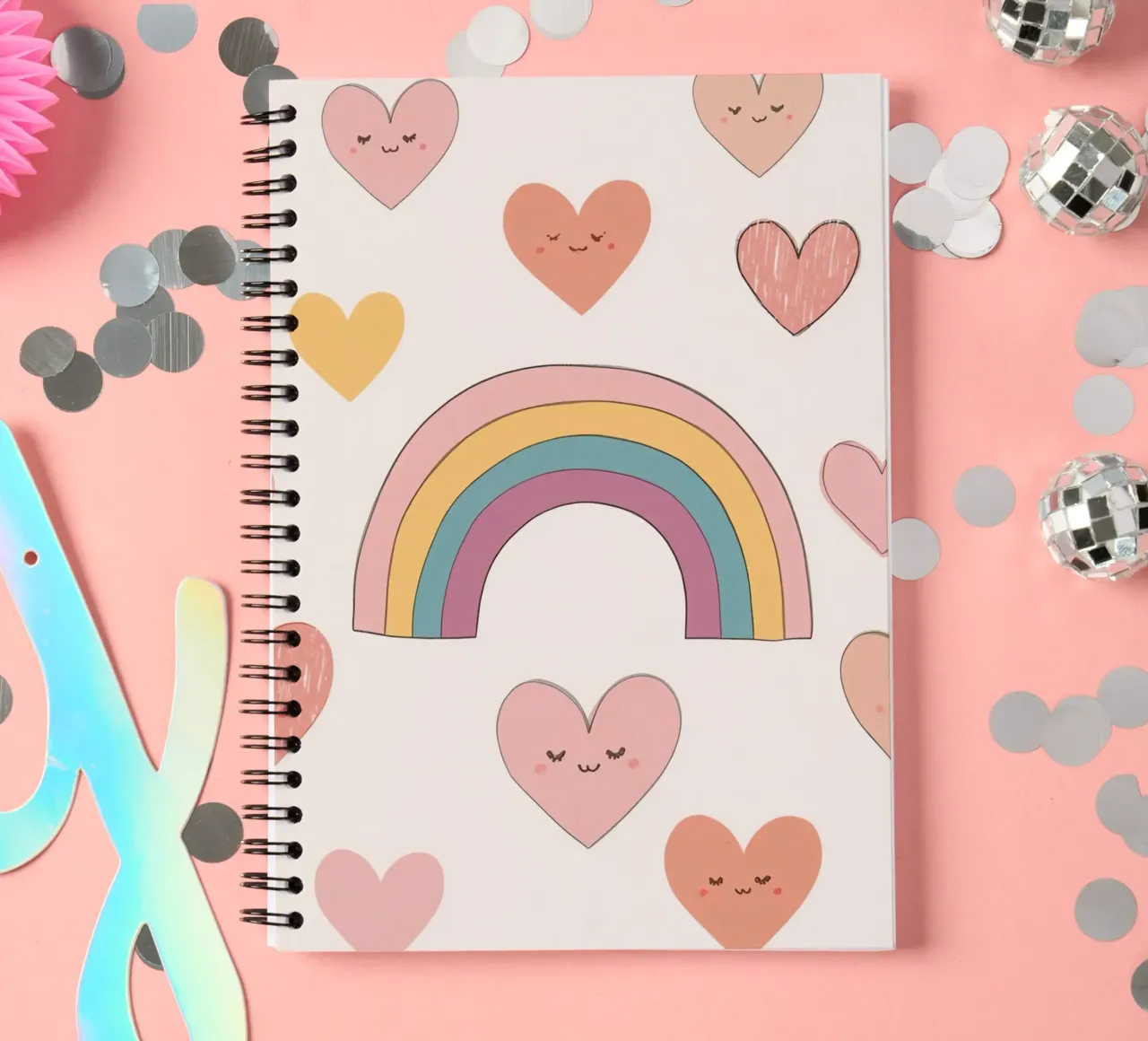 Carino cuori felici e arcobaleno su sfondo beige diario ad anelli da DesignDoodle