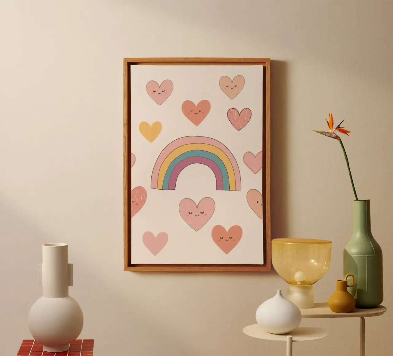 Schattige Gelukkige Harten en Regenboog op Beige Achtergrond canvas met Baklijst van DesignDoodle