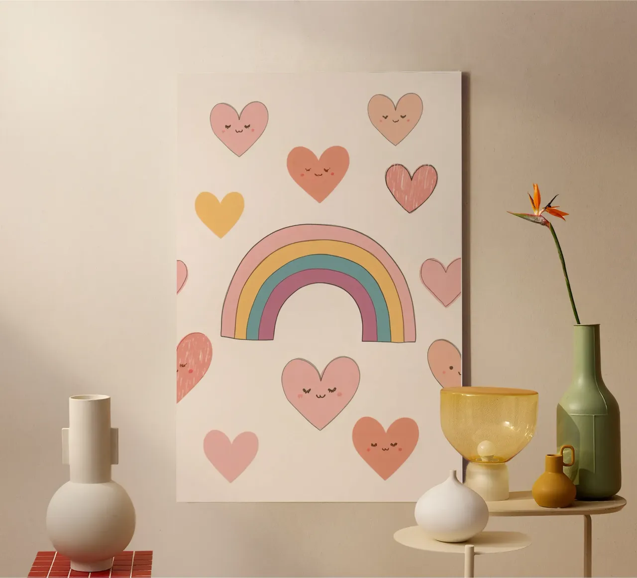 Schattige Gelukkige Harten en Regenboog op Beige Achtergrond canvas met Baklijst van DesignDoodle