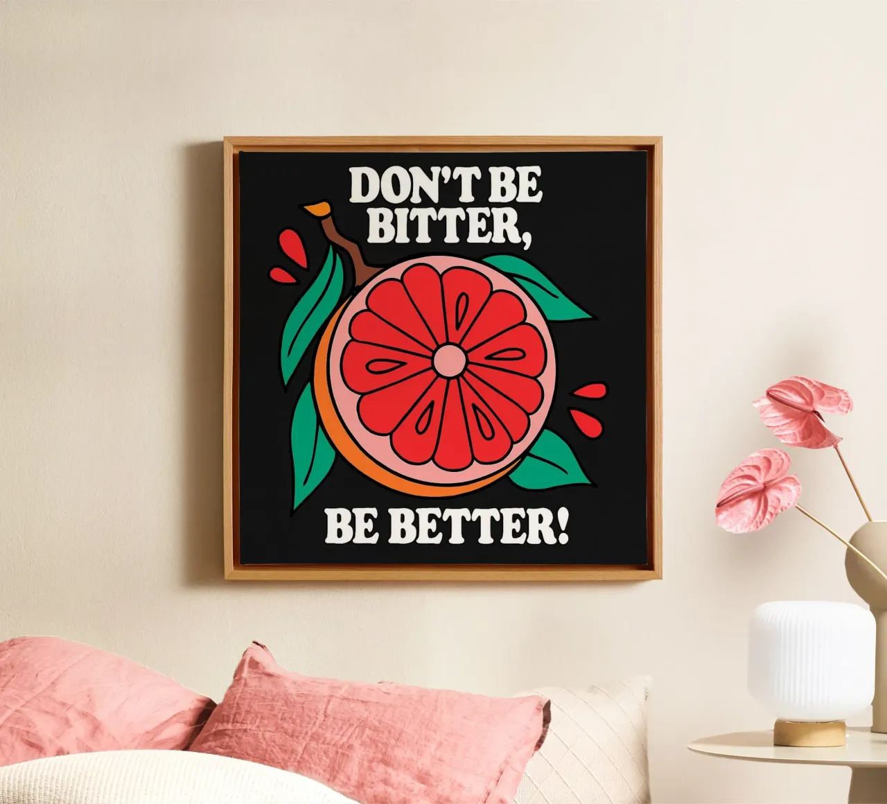 Wees niet bitter, wees beter - Retro Grapefruit Positive Vibe canvas met Baklijst van inspirational quote