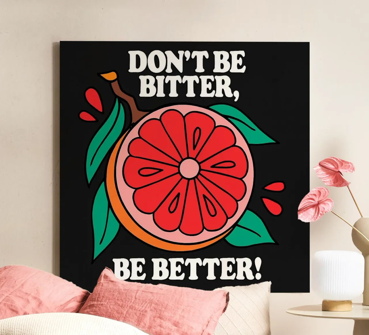 Wees niet bitter, wees beter - Retro Grapefruit Positive Vibe canvas met Baklijst van inspirational quote