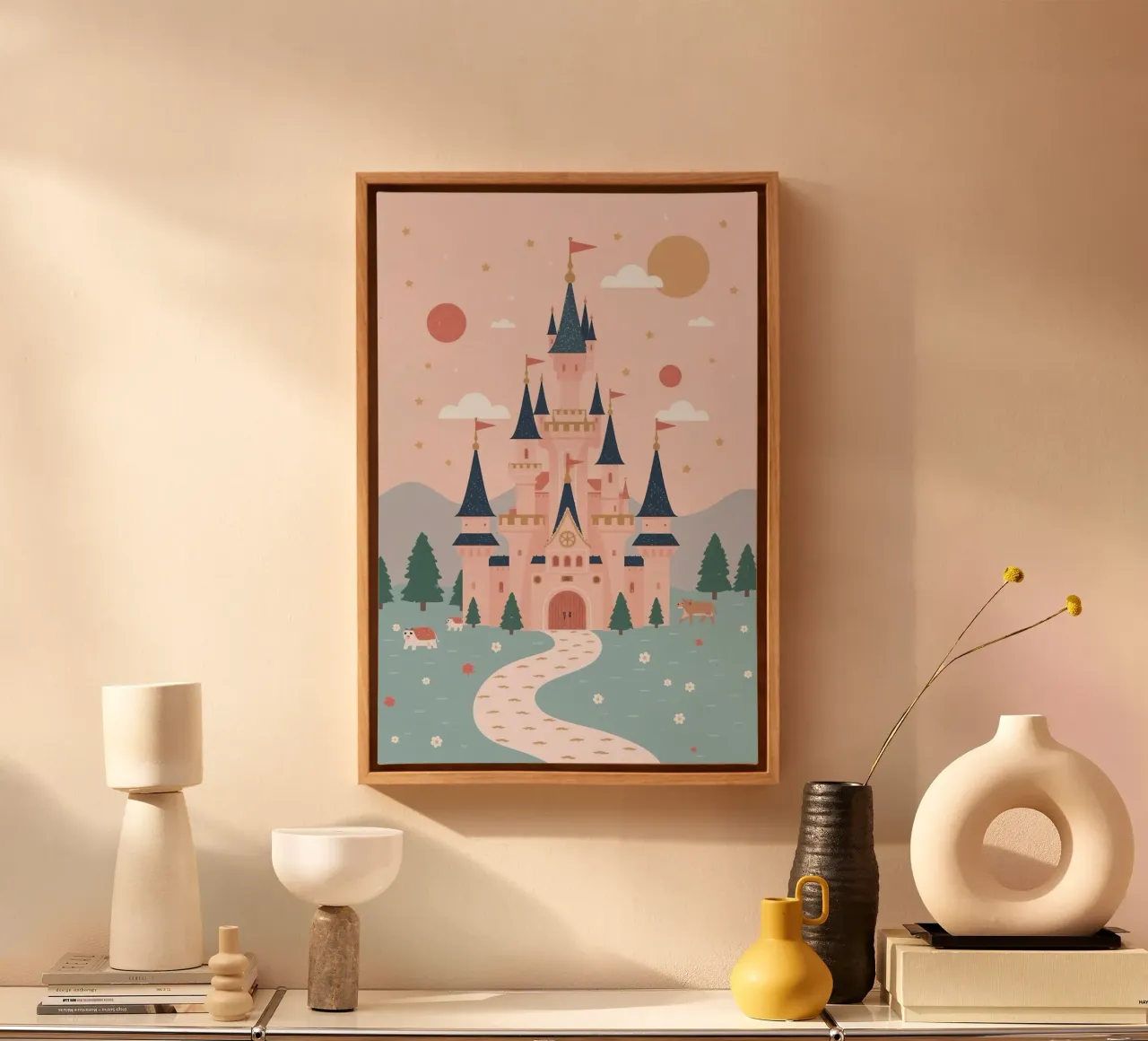 Roze kasteel met paddieren en pastelkleurige lucht canvas met Baklijst van DesignDoodle