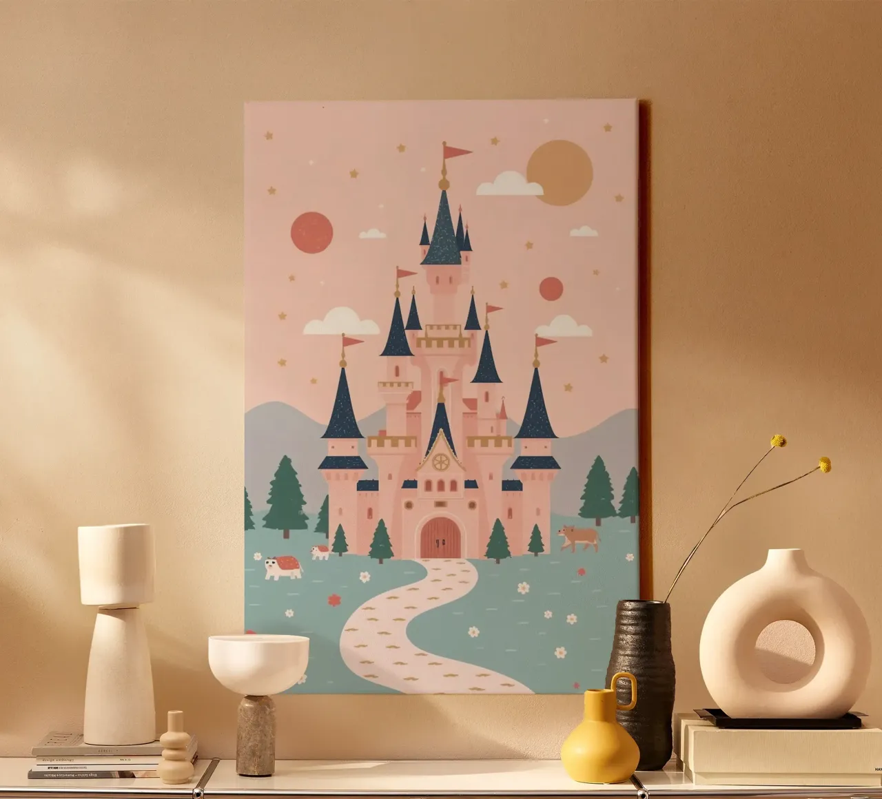 Roze kasteel met paddieren en pastelkleurige lucht canvas met Baklijst van DesignDoodle