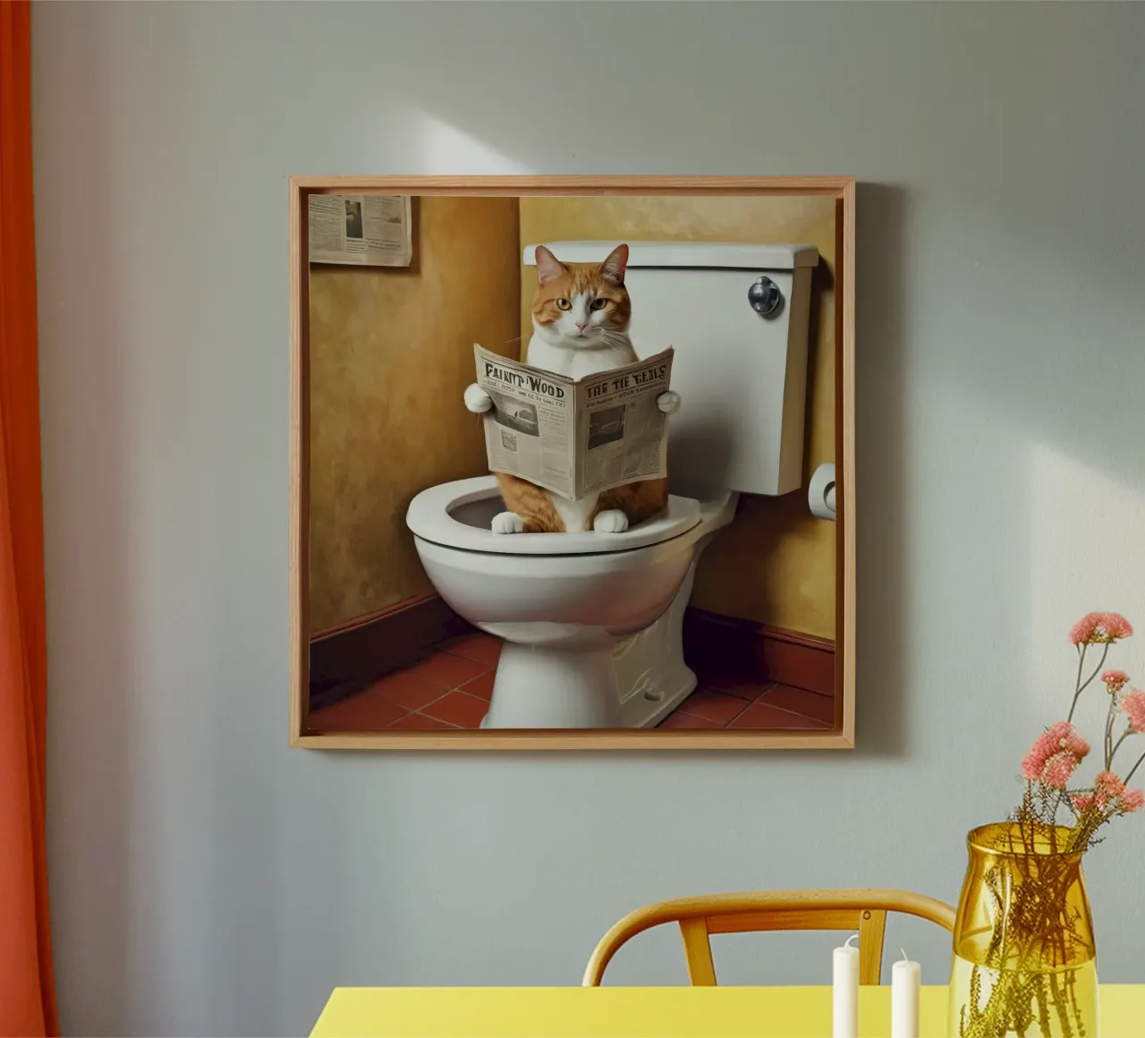 yellow cat on toilet canvas with Floater frame by mardaven