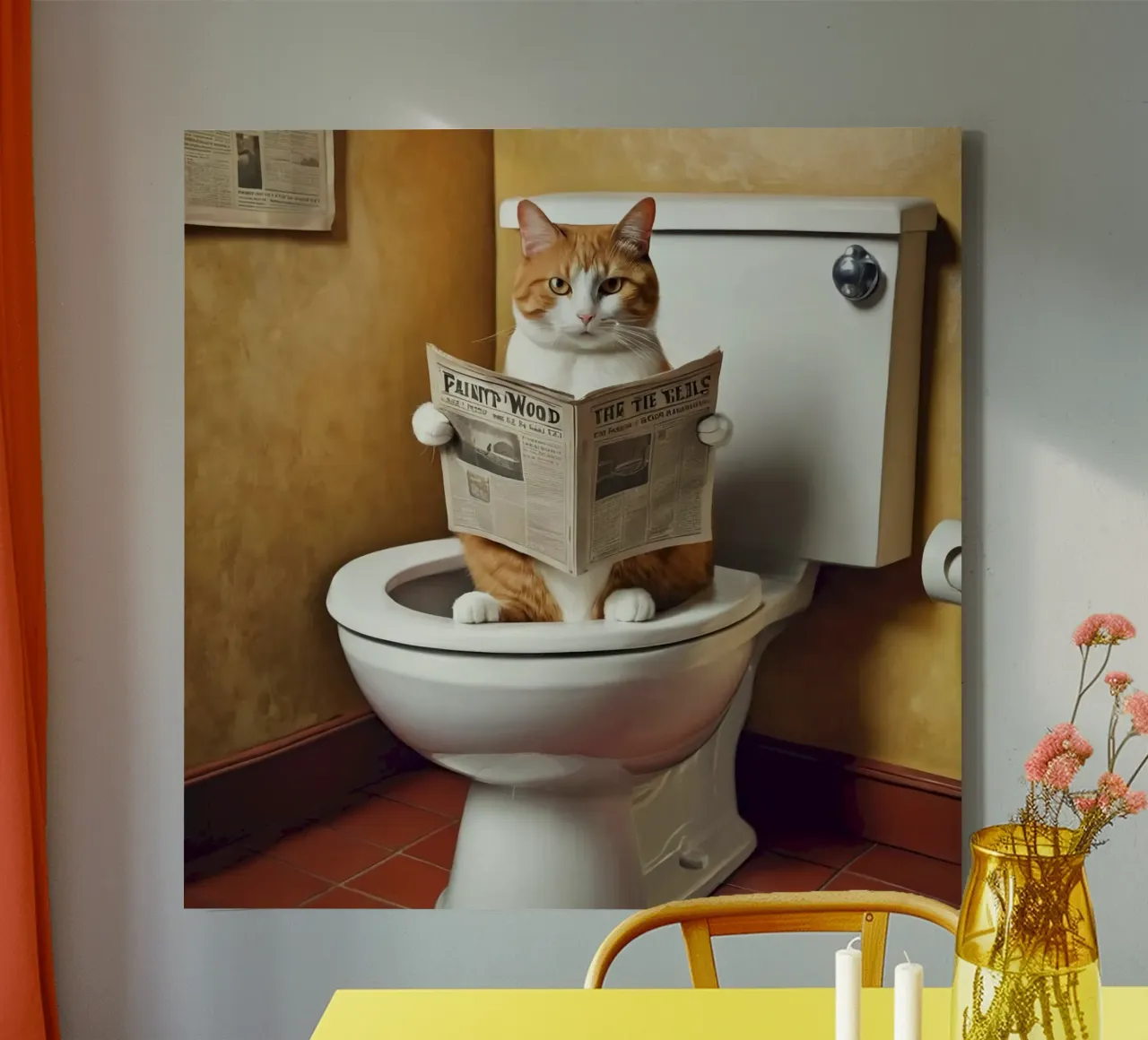 yellow cat on toilet canvas with Floater frame by mardaven