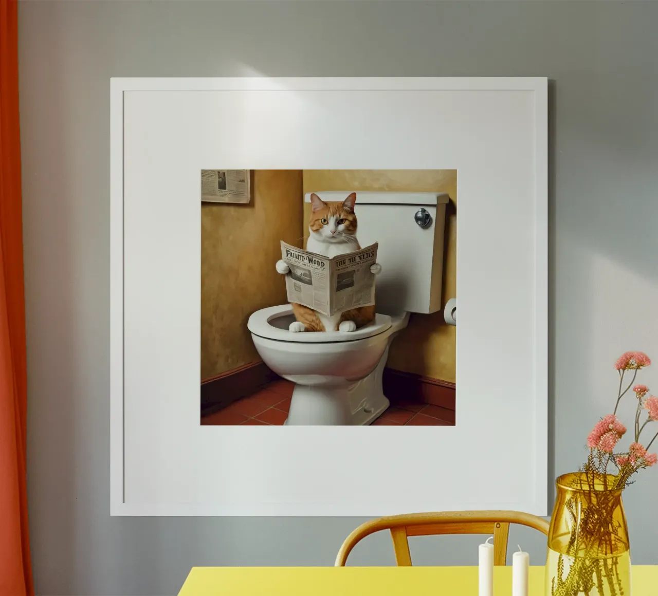 yellow cat on toilet poster con telaio in plastica da mardaven