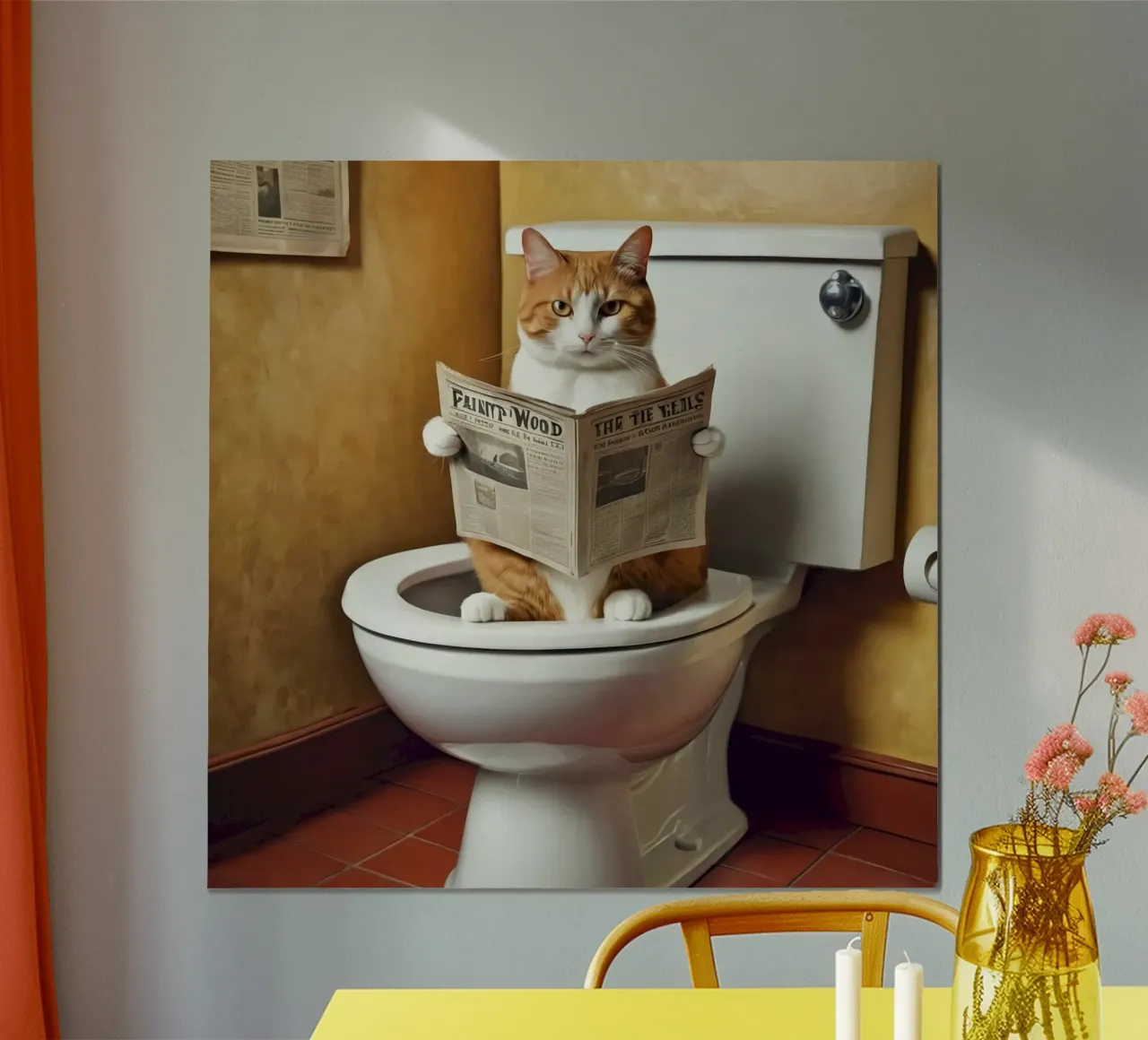 yellow cat on toilet poster con telaio in plastica da mardaven