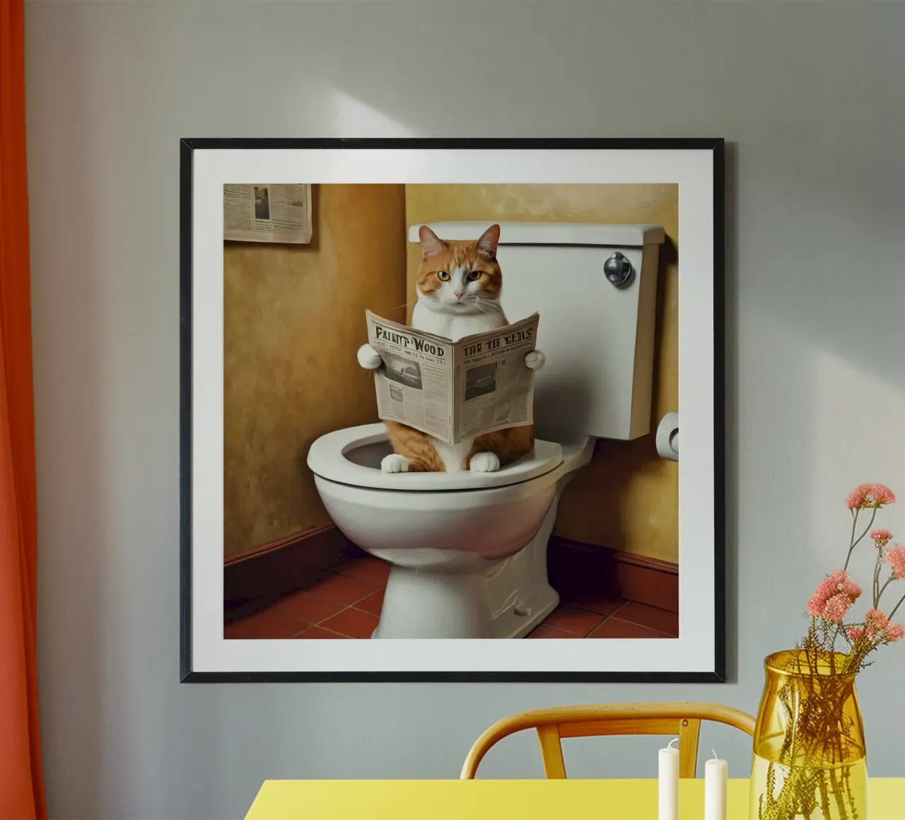 yellow cat on toilet poster con telaio in plastica da mardaven