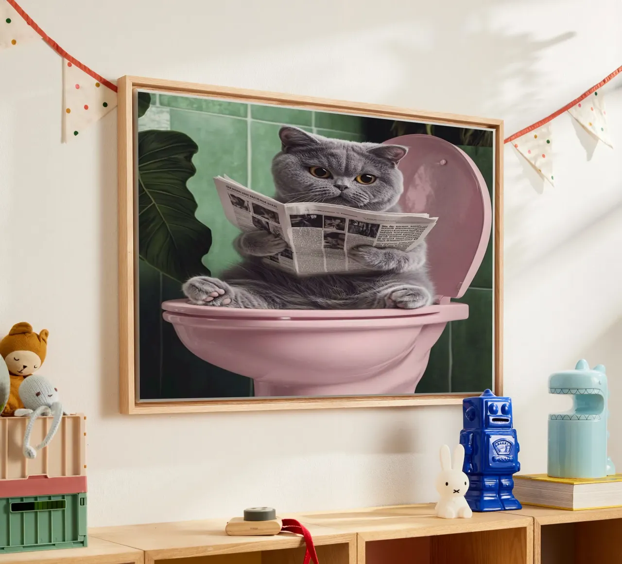 grey cat on pink toilet tela con Cornice a cassetta da mardaven