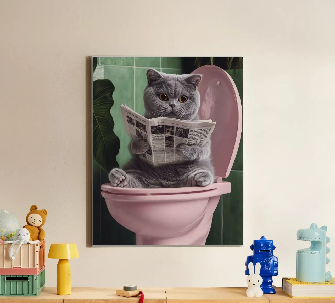 grey cat on pink toilet tela con Cornice a cassetta da mardaven