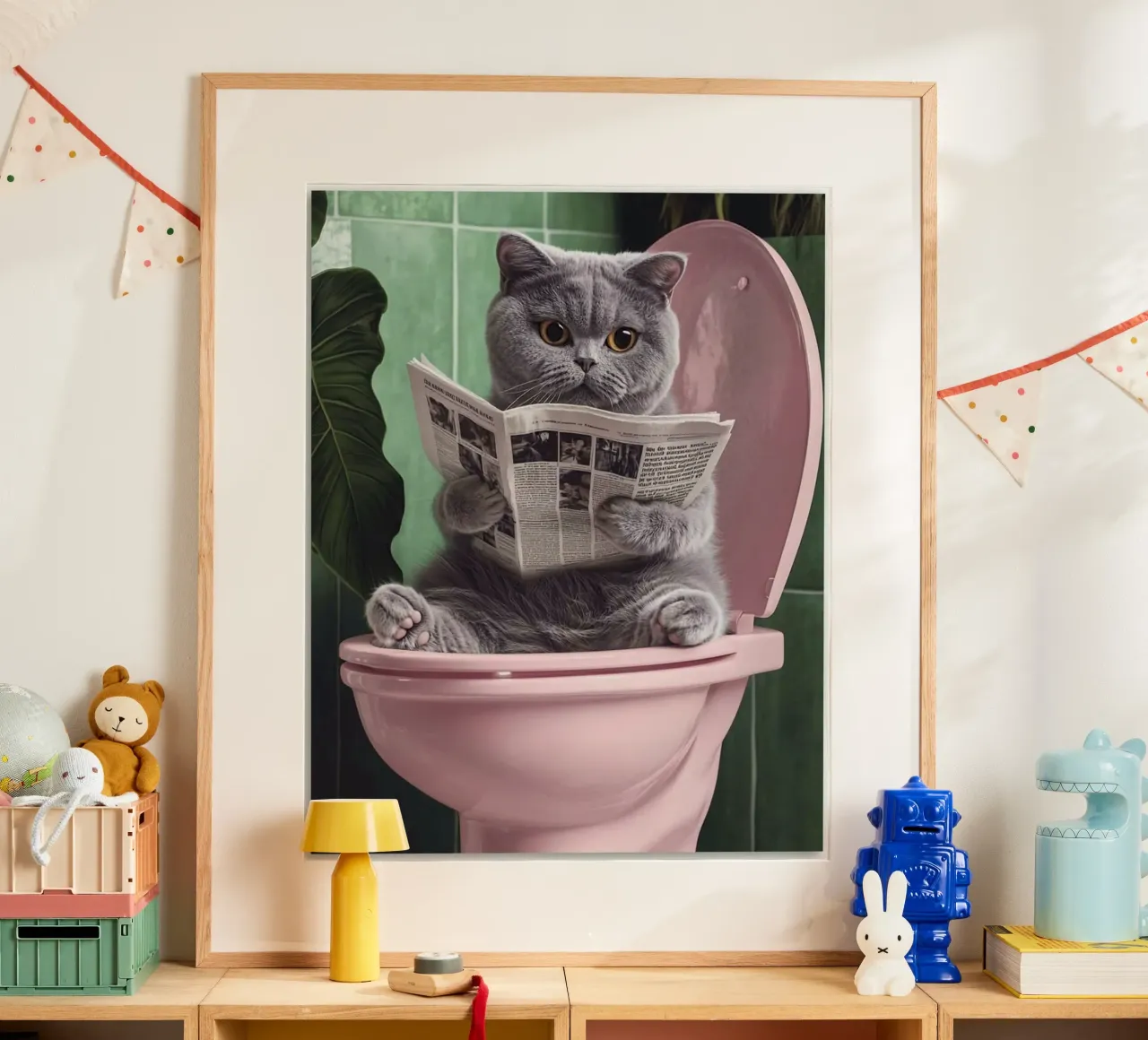 grey cat on pink toilet poster con telaio in plastica da mardaven