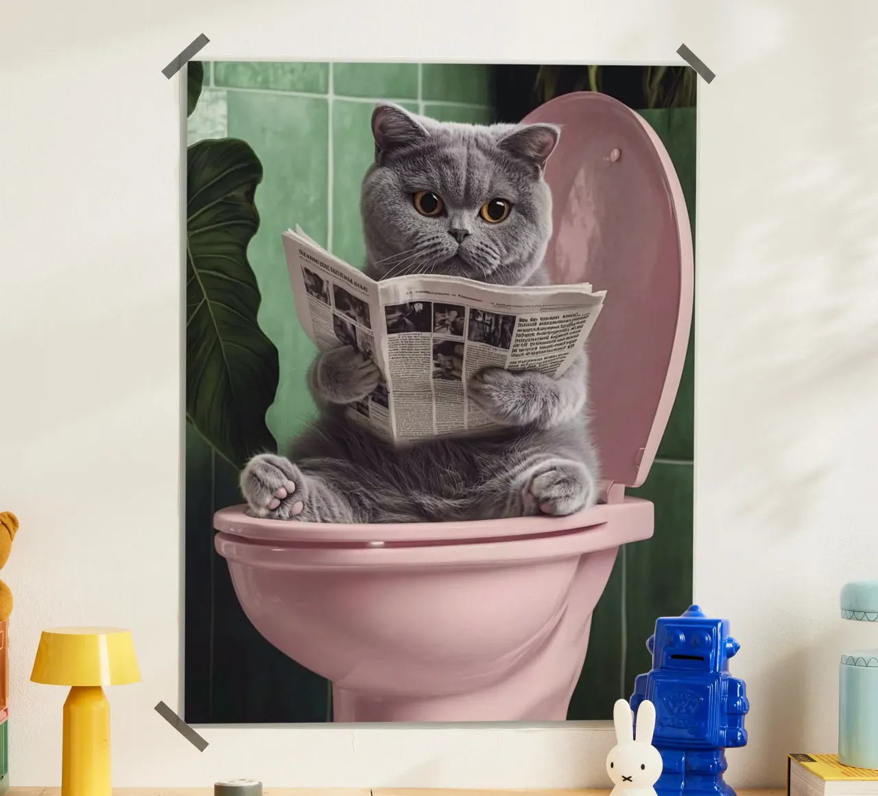 grey cat on pink toilet poster con telaio in plastica da mardaven