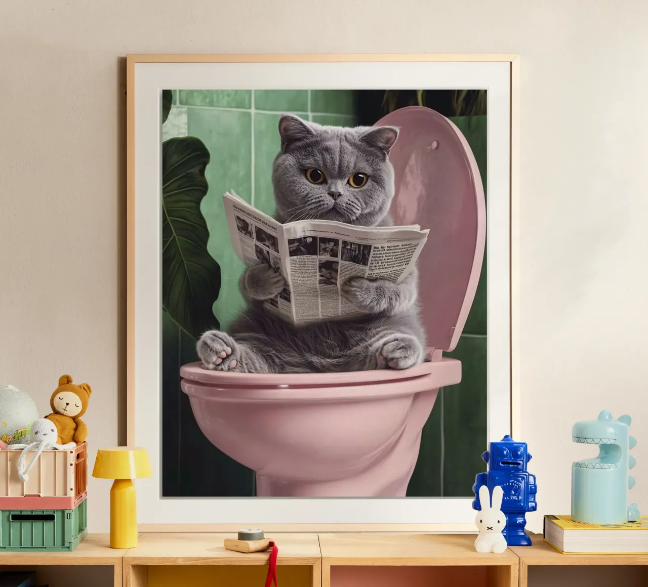 grey cat on pink toilet poster con telaio in plastica da mardaven