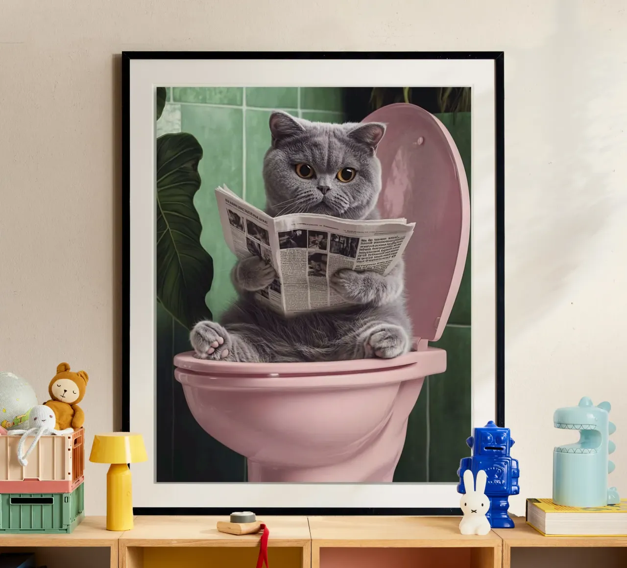 grey cat on pink toilet poster con telaio in plastica da mardaven