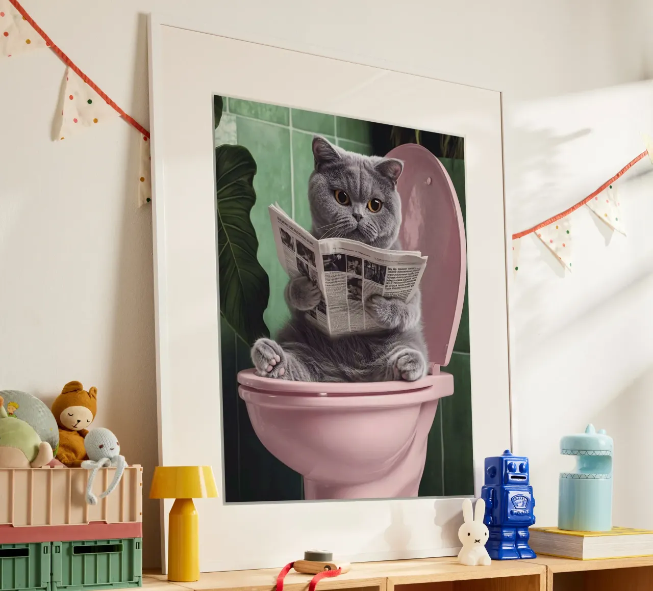 grey cat on pink toilet poster con telaio in plastica da mardaven