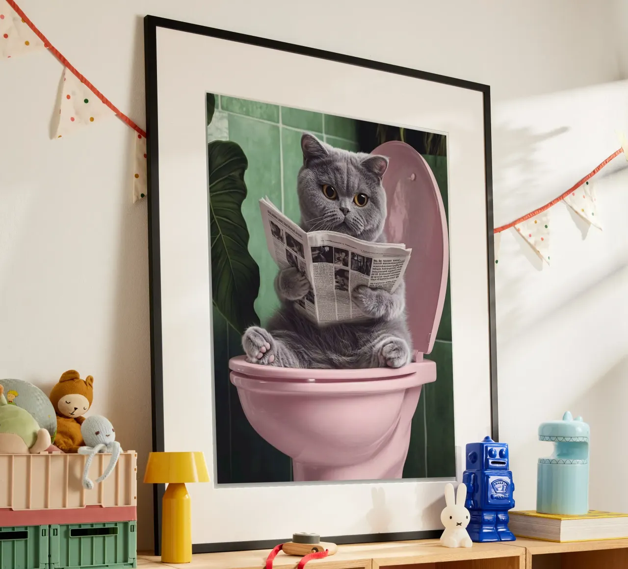 grey cat on pink toilet poster con telaio in plastica da mardaven