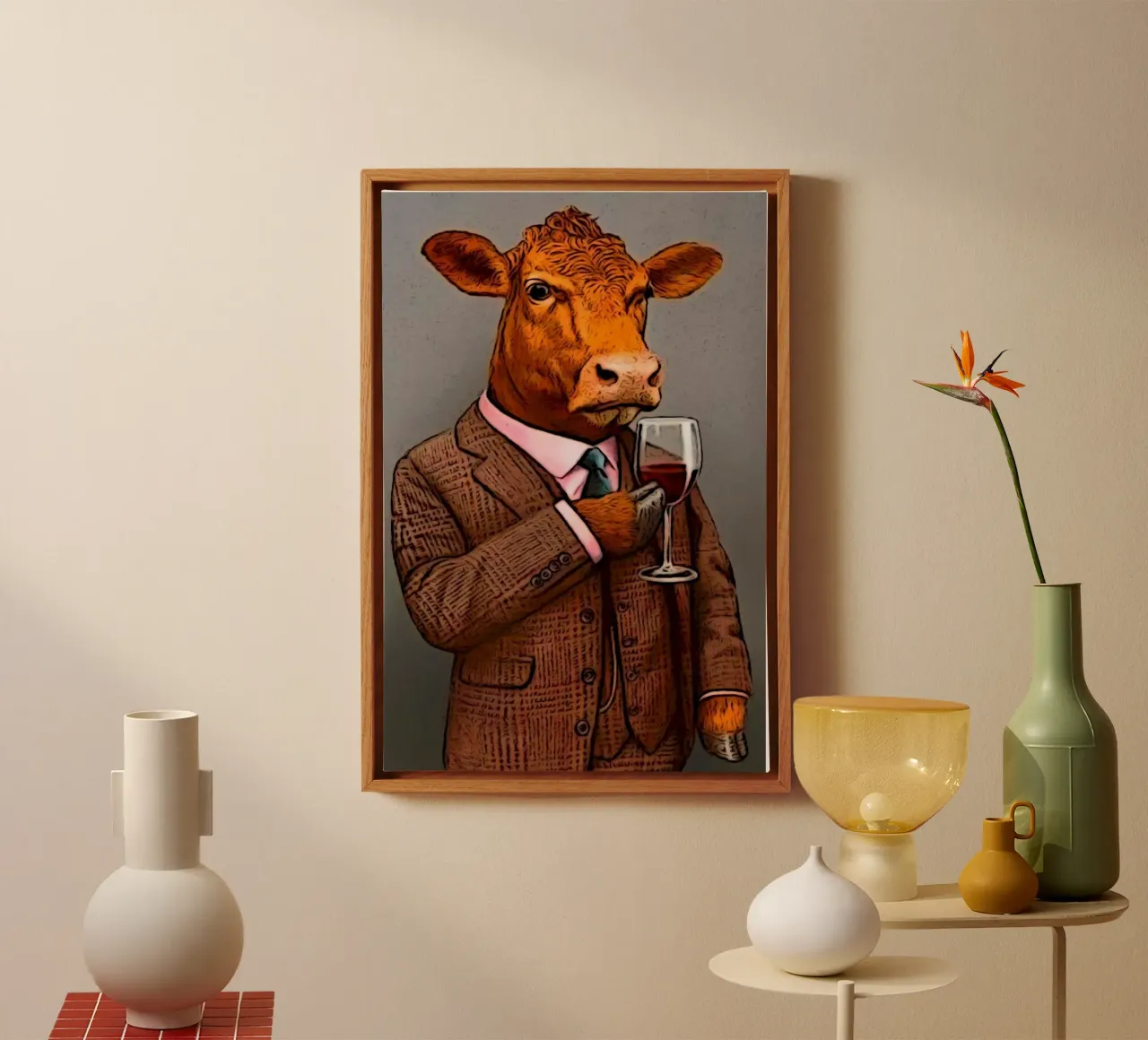 cool cow with wine Leinwand mit Schattenfugenrahmen von mardaven