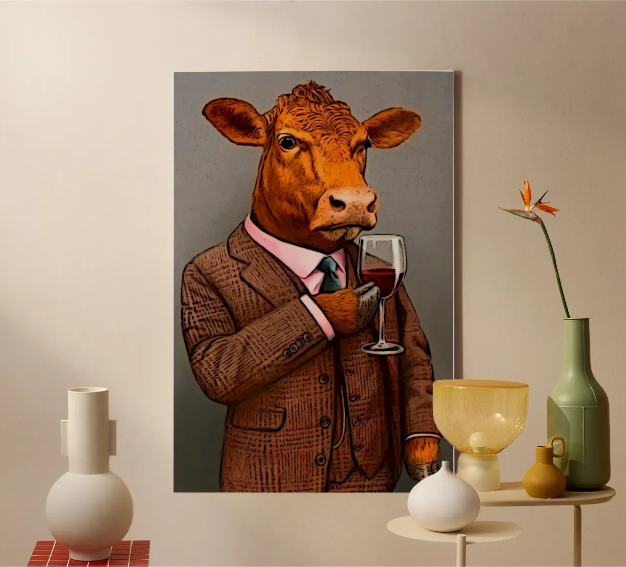 cool cow with wine Leinwand mit Schattenfugenrahmen von mardaven