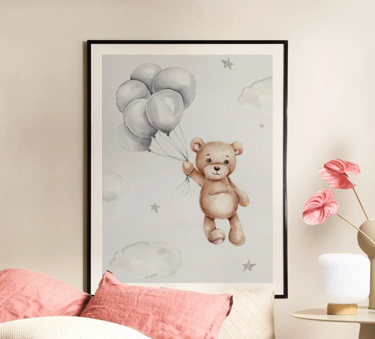 Orsetto con palloncini poster con telaio in alluminio da Panait Ivascu
