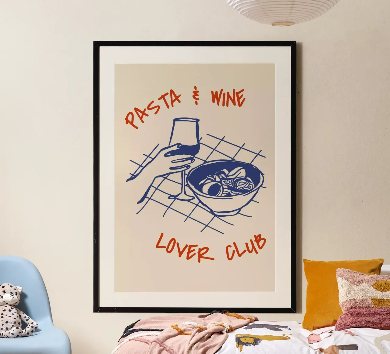 Boho Food 1 Pasta and Wine poster con telaio in legno da Boho Print Collection