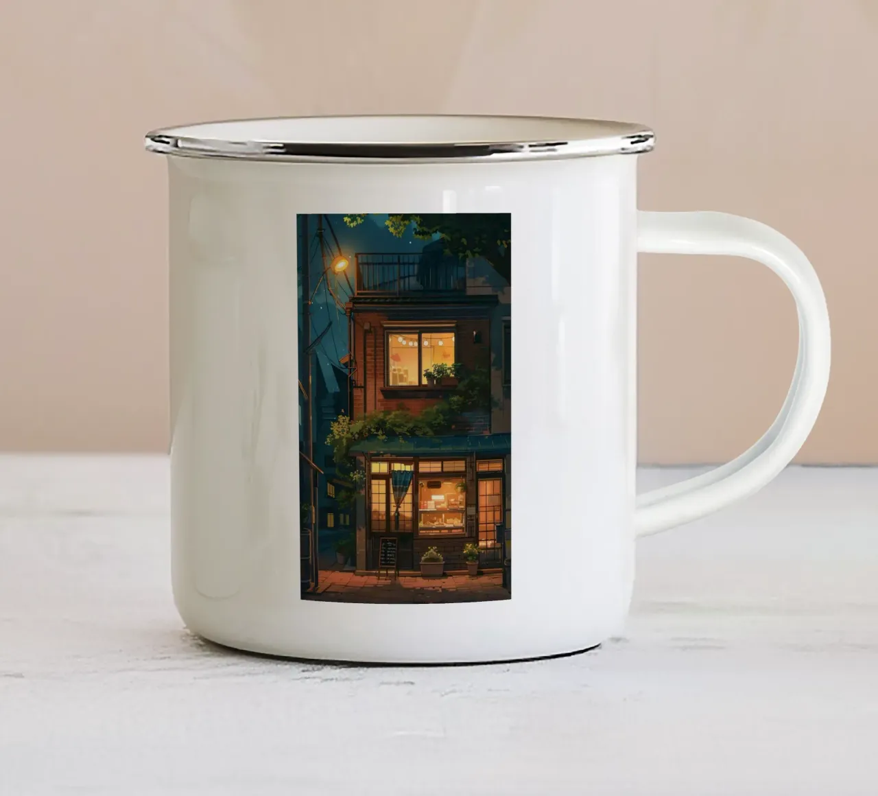 Accogliente panificio di notte - stile Ghibli tazza in smalto da ekssign
