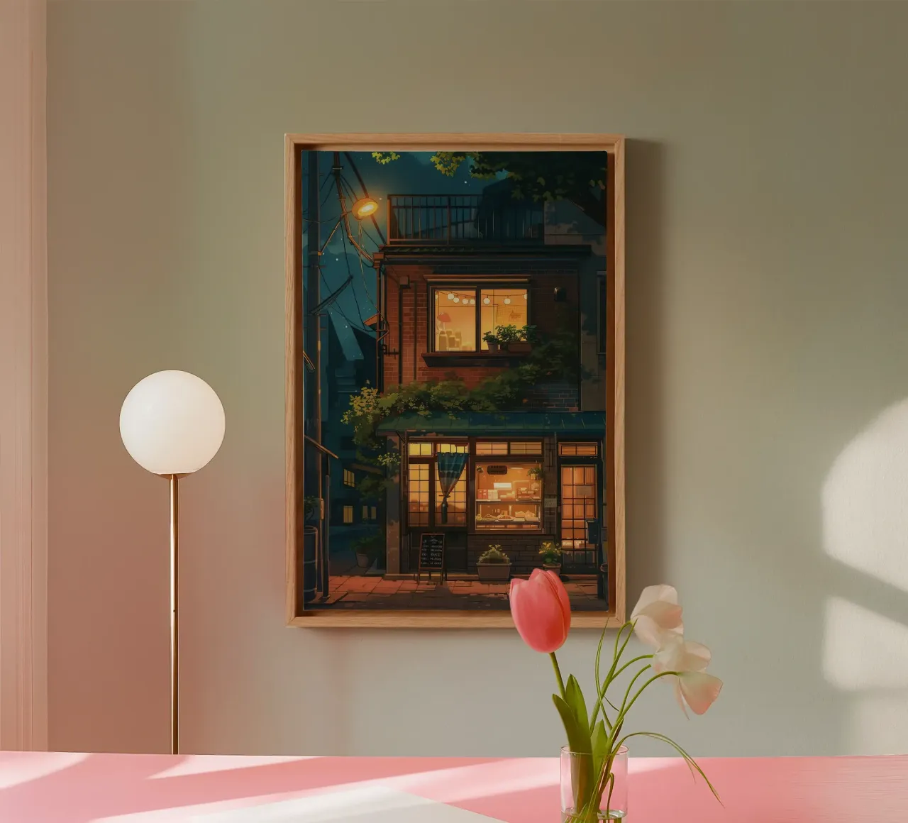 Cozy Bakery at Night - Ghibli Style canvas with Floater frame by ekssign